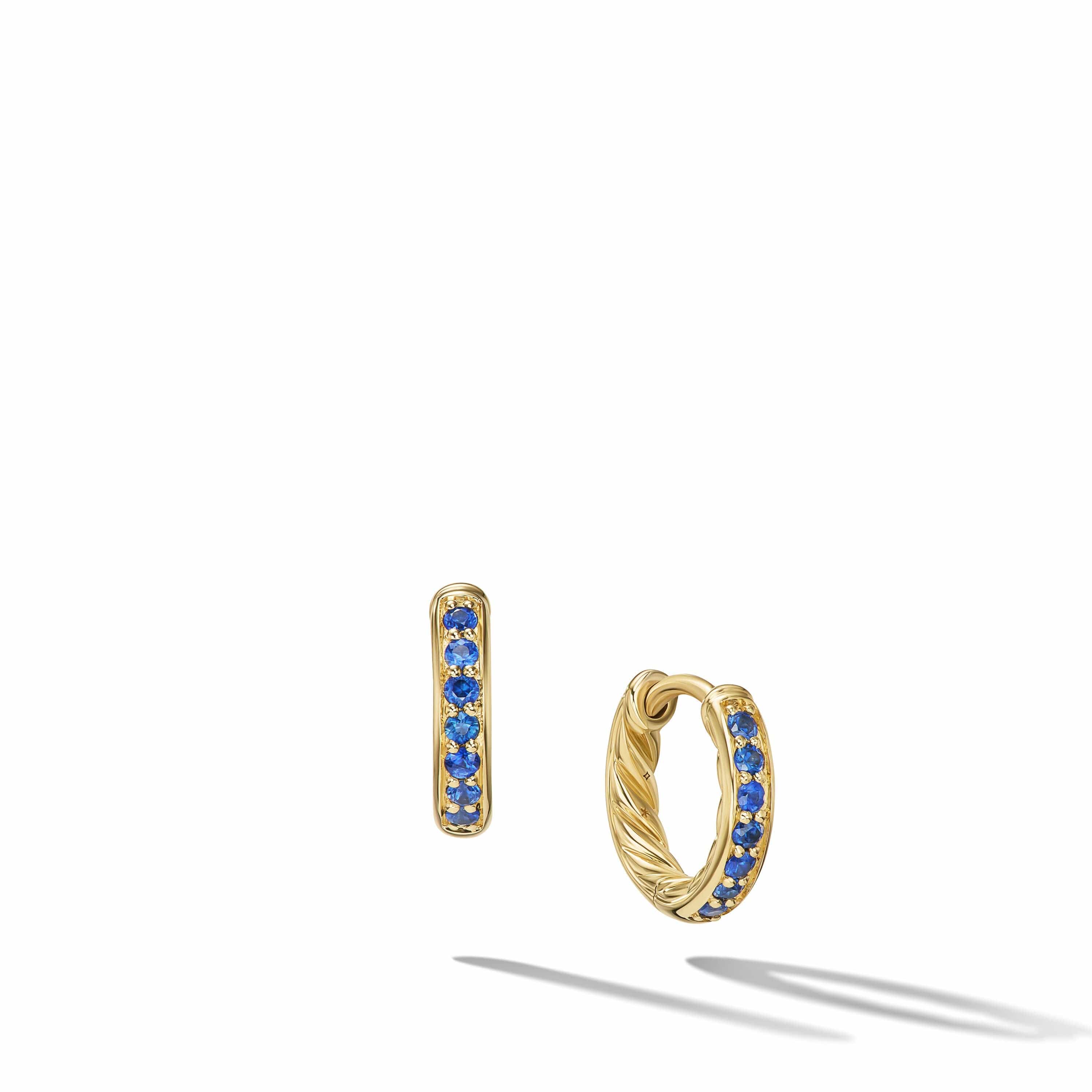 Petite Pavé Huggie Hoop Earrings in 18K Yellow Gold with Blue Sapphires, 12mm - Image 2
