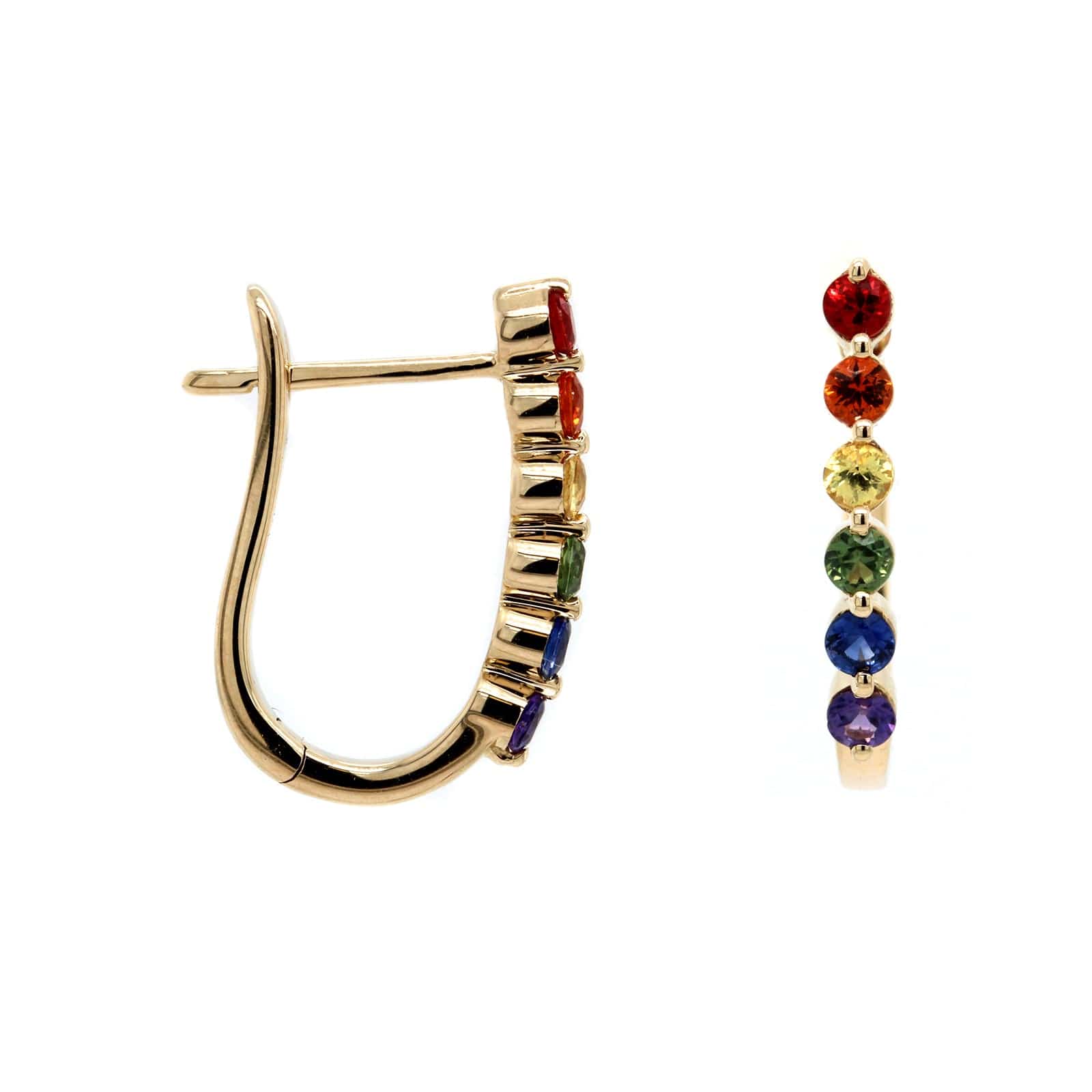 14K Yellow Gold Rainbow Sapphire Hoop Earrings
