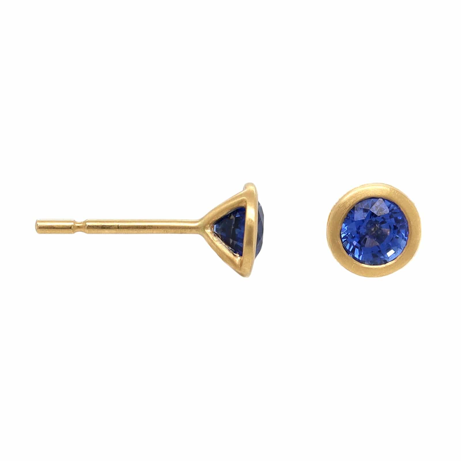 18K Yellow Gold Round Blue Sapphire Stud Earrings