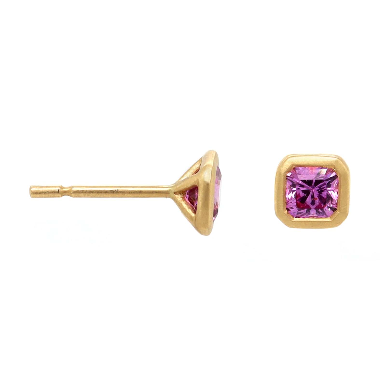 18K Yellow Gold Square Pink Sapphire Stud Earrings