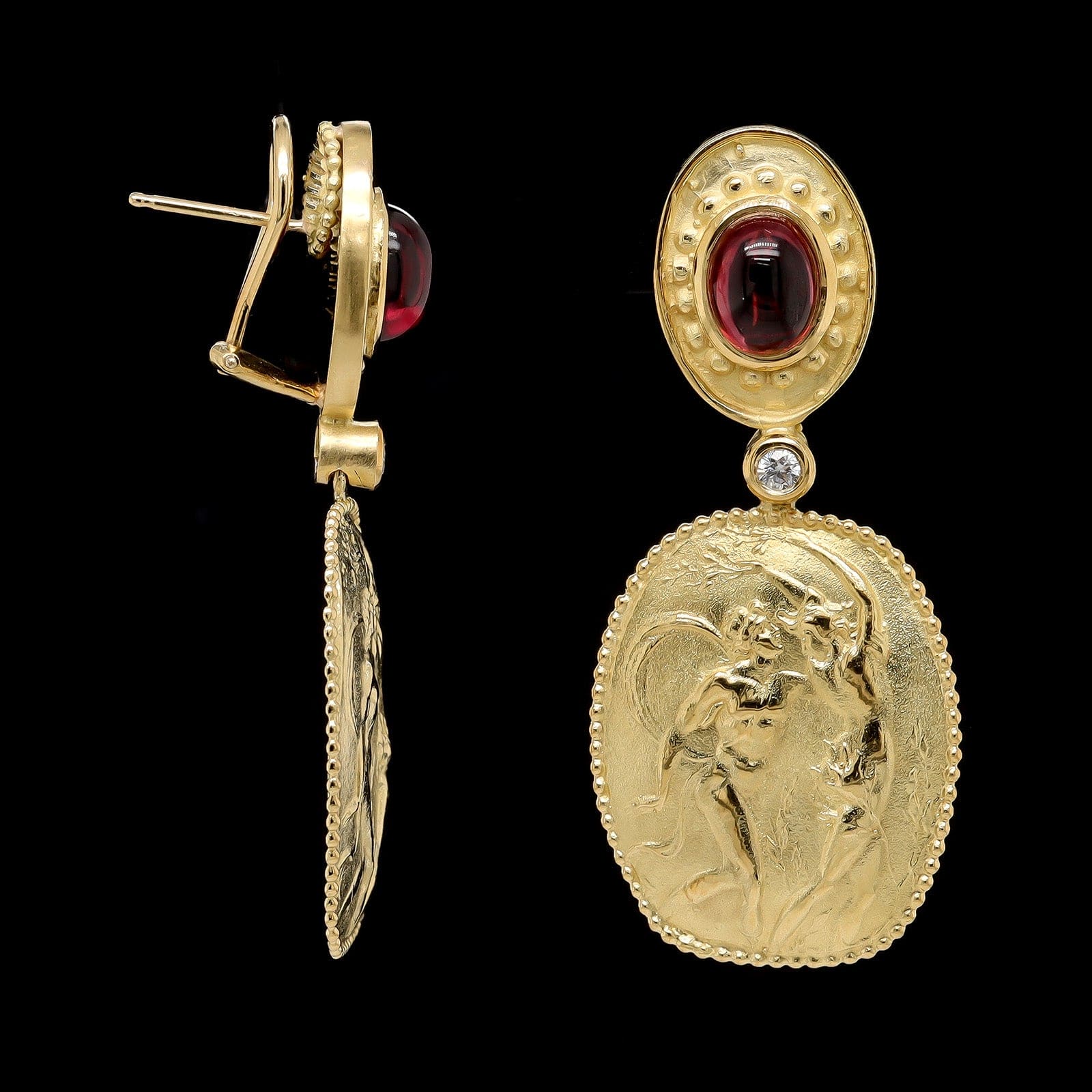 Seidengang 18K Yellow Gold Estate Pink Tourmaline and Diamond Athena Apollo Chasing Daphne Earrings