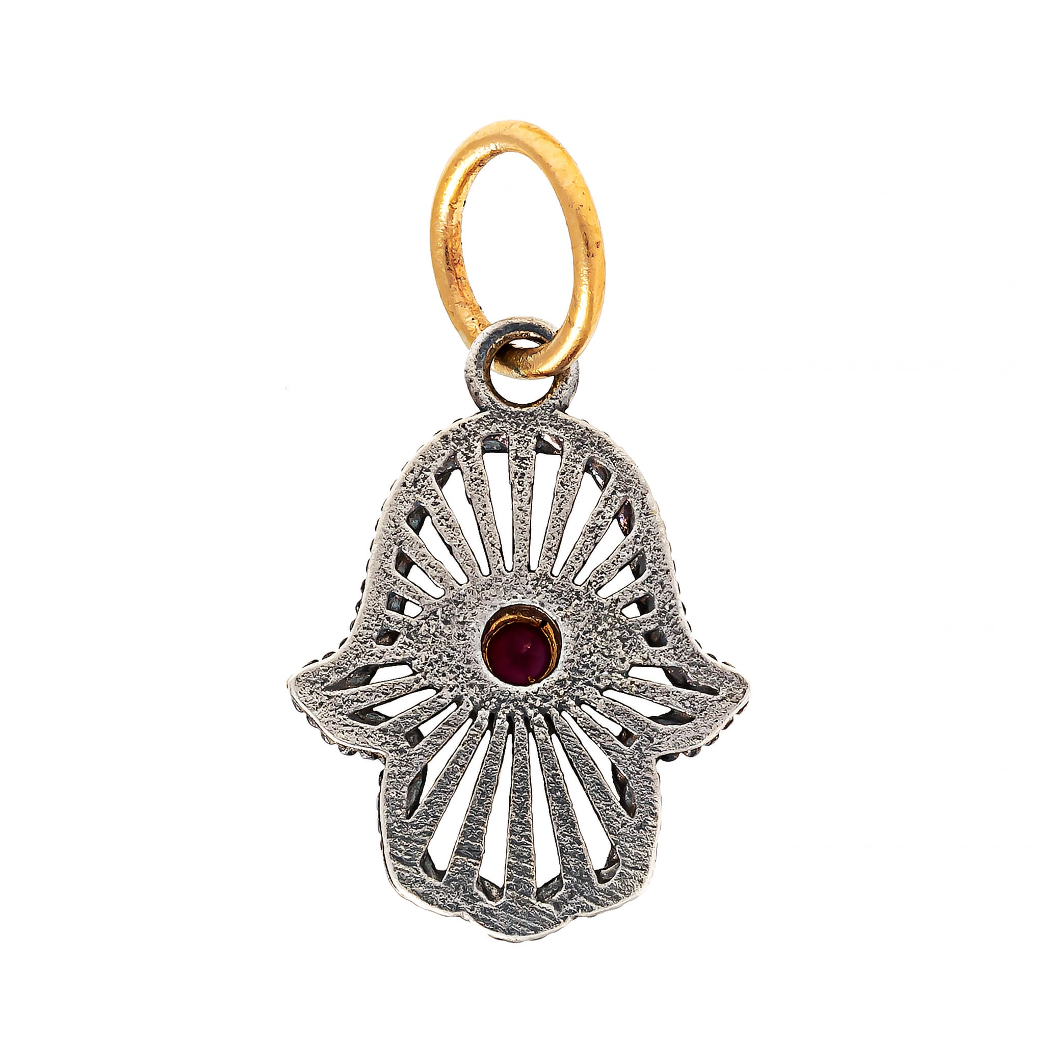 24K Yellow Gold and Sterling Silver Ruby Evil Eye Hamsa Charm - Image 2
