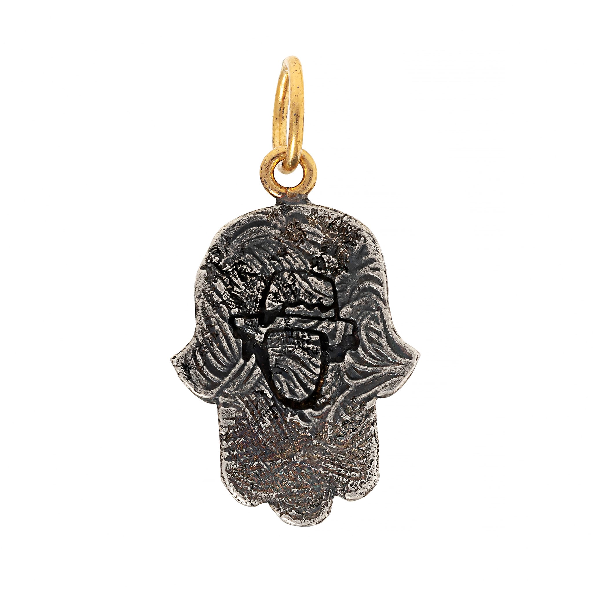 24K Yellow Gold and Sterling Silver Sapphire Evil Eye Hamsa Charm - Image 2