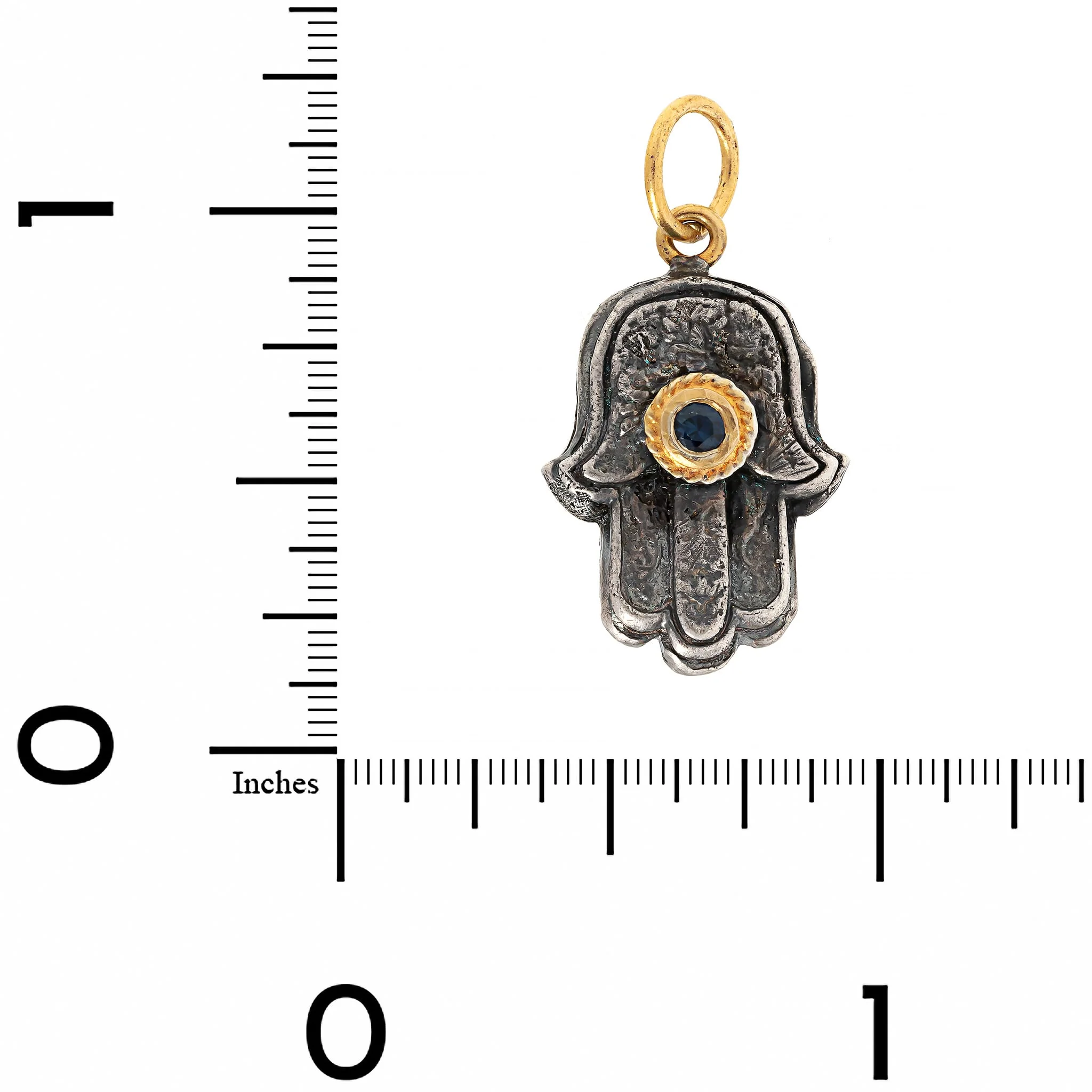 24K Yellow Gold and Sterling Silver Sapphire Evil Eye Hamsa Charm - Image 3