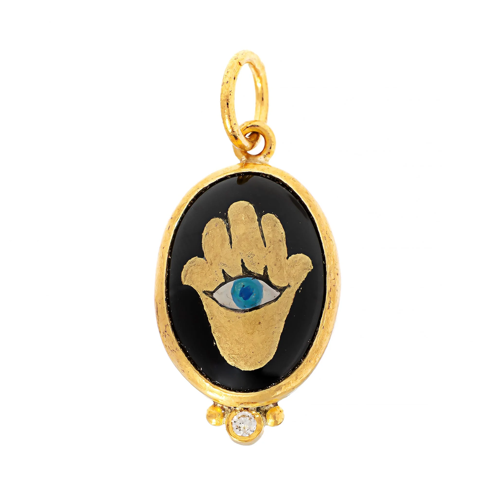 24K Yellow Gold and Sterling Silver Onyx and Diamond Evil Eye Hamsa Charm