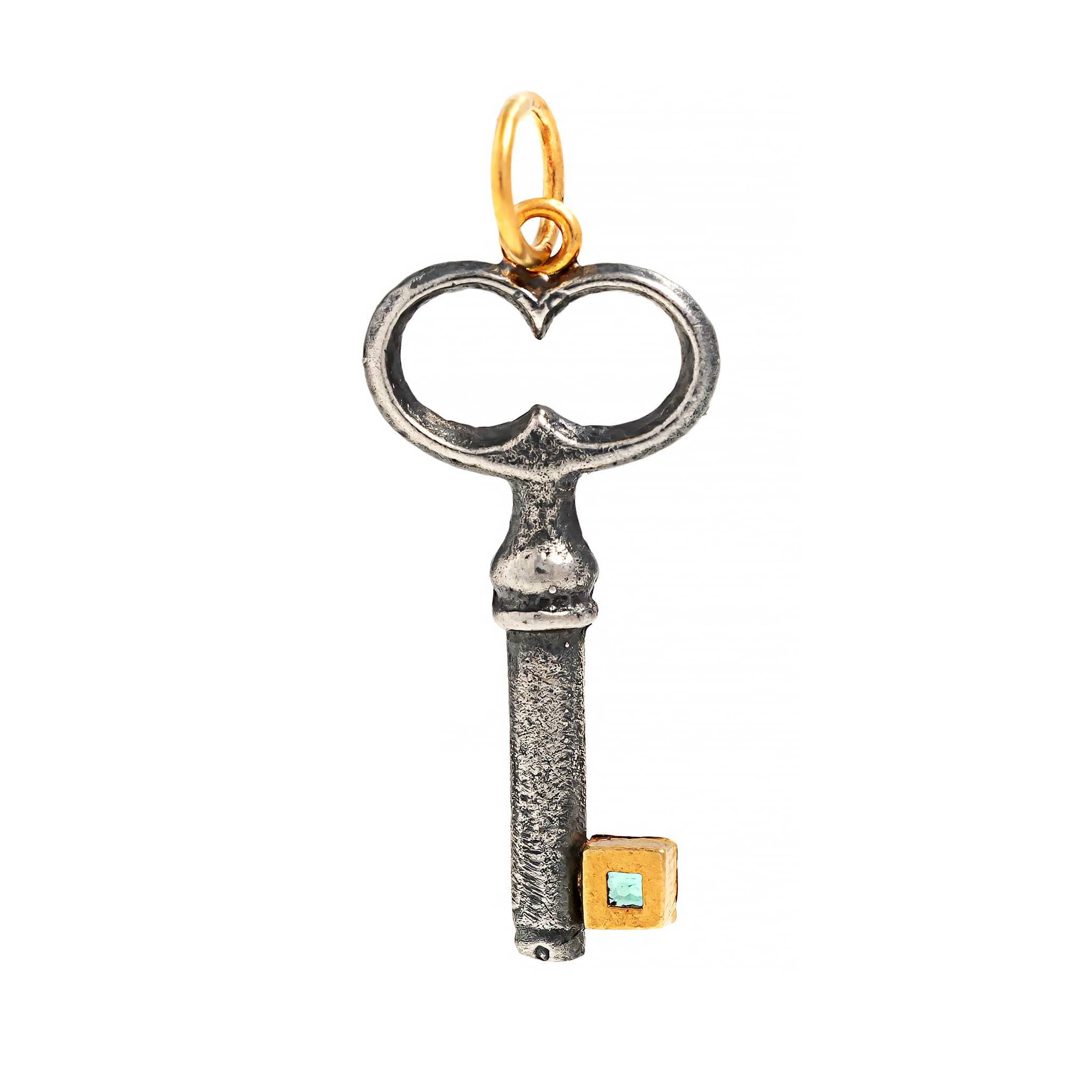 24K Yellow Gold and Sterling Silver Princess Cut Emerald Love Key Charm - Image 2