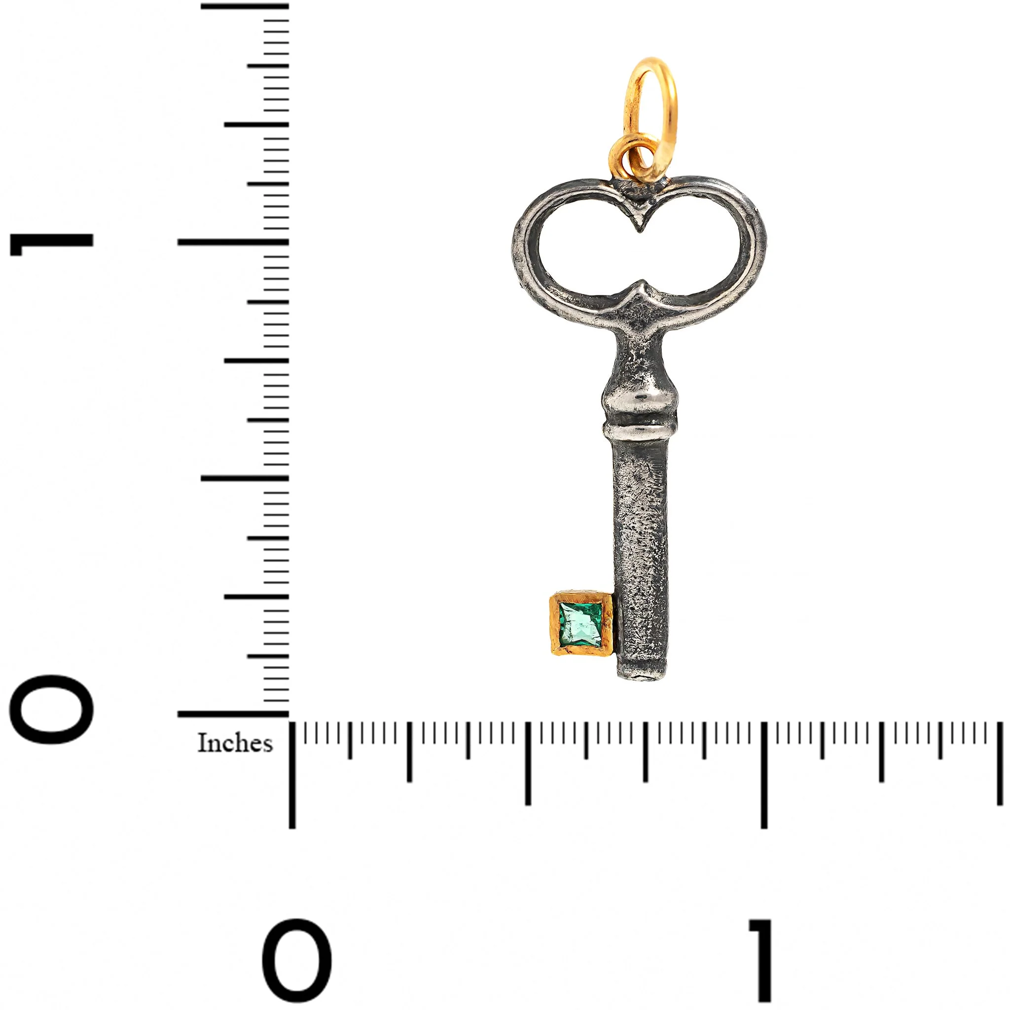 24K Yellow Gold and Sterling Silver Princess Cut Emerald Love Key Charm - Image 3