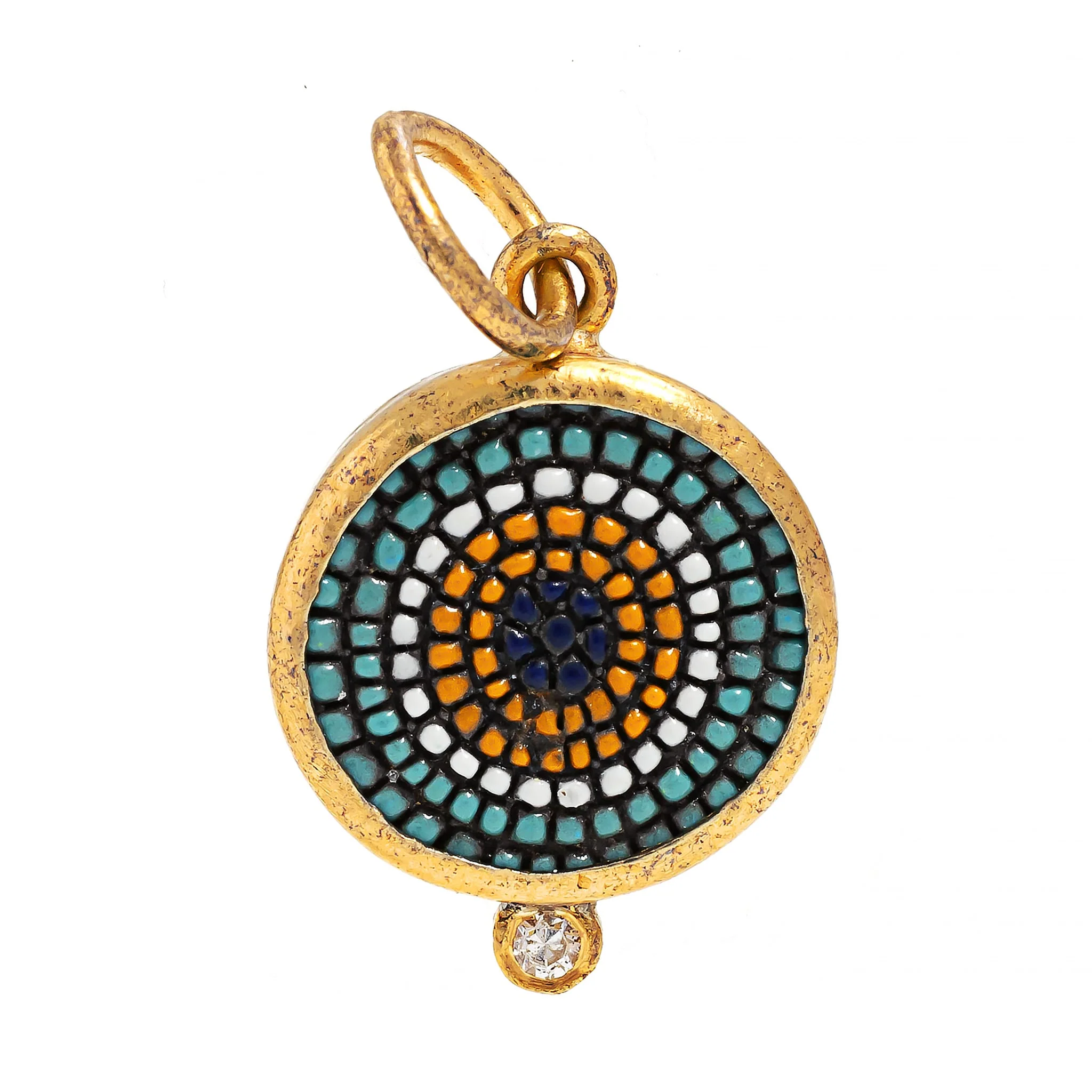 24K Yellow Gold and Sterling Silver Quartz and Diamond Micro Mosaic Evil Eye Charm