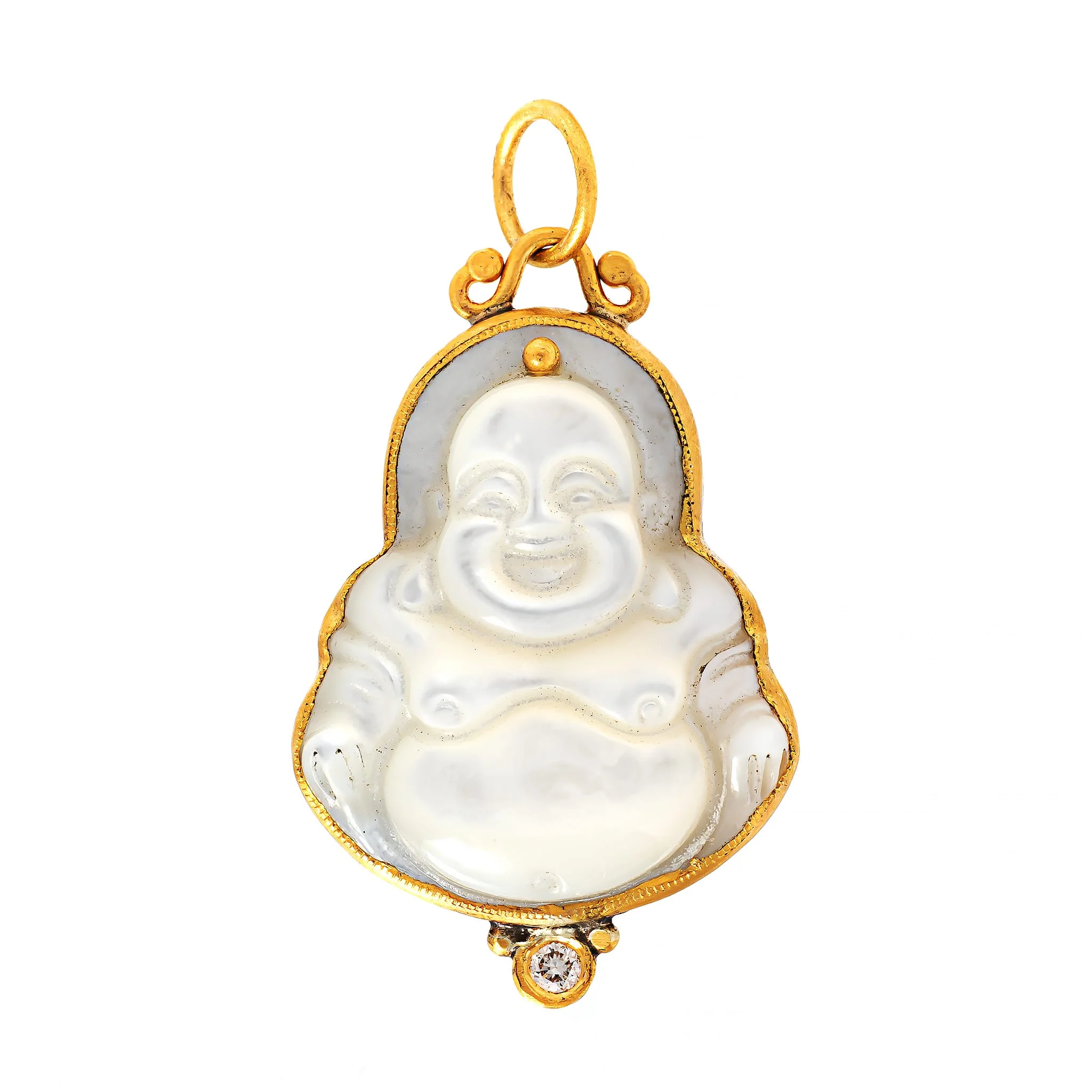 24K Yellow Gold and Sterling Silver Mother Of Pearl and Diamond Buddha Charm