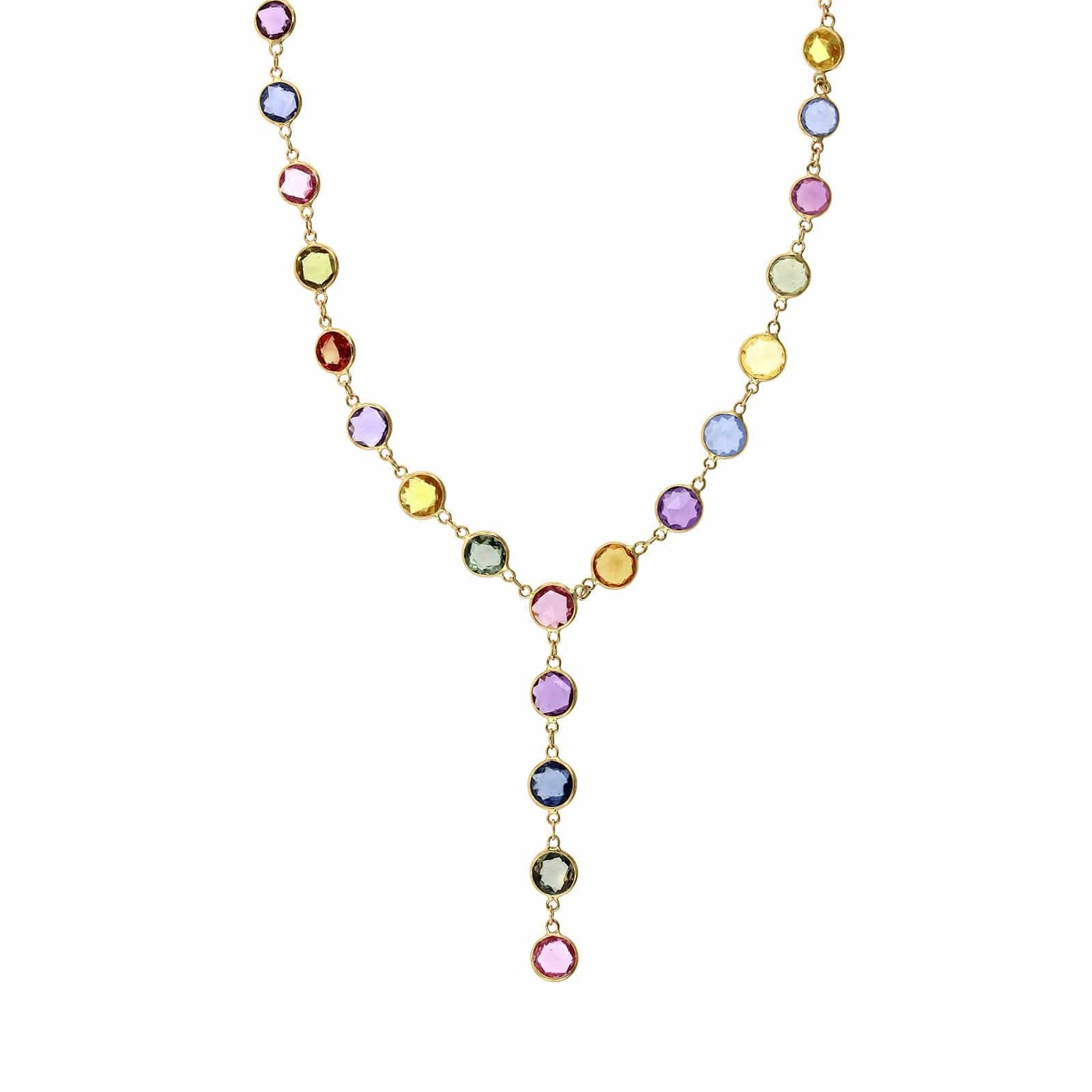18K Yellow Gold Multi Color Sapphire Lariat Necklace