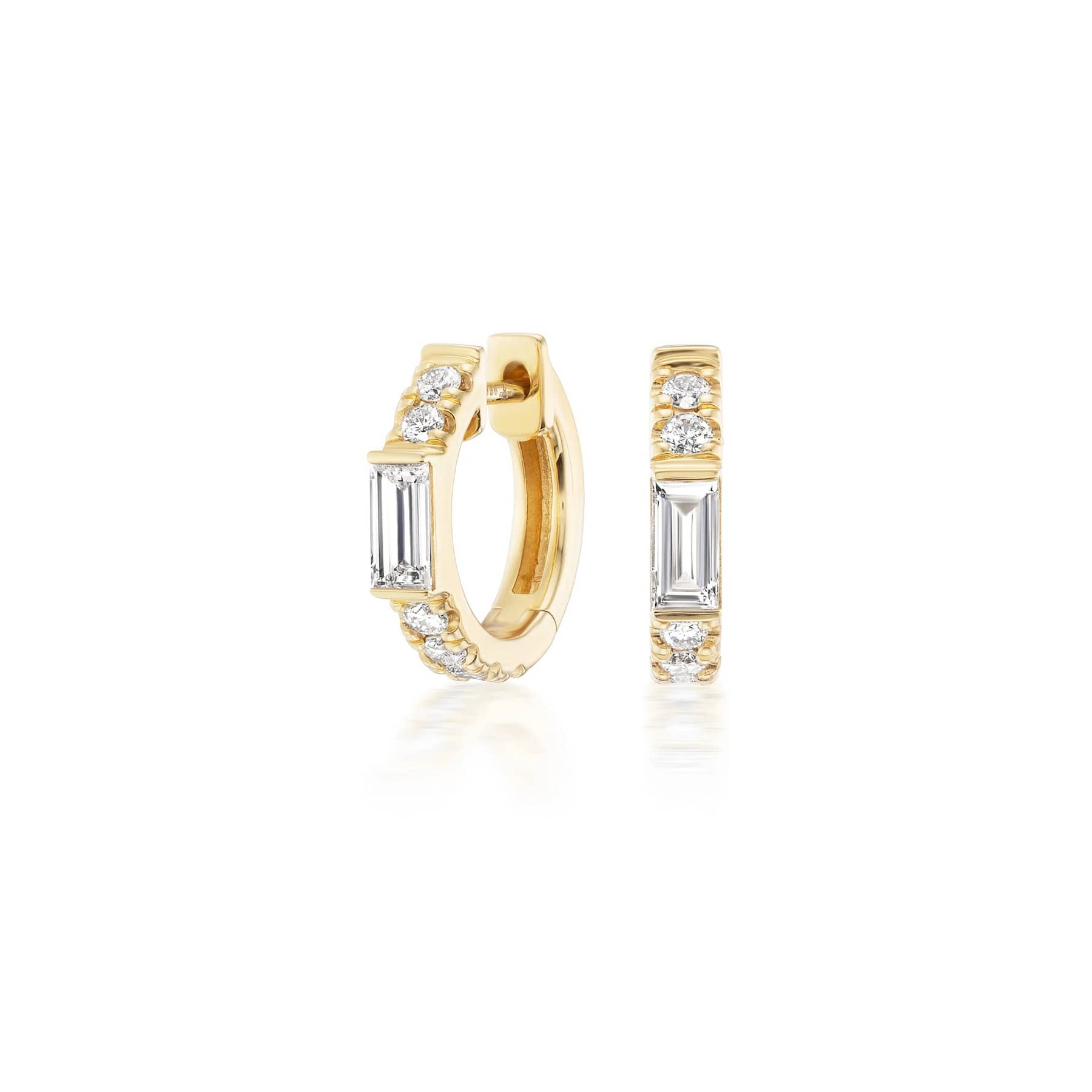 Sorellina 18K Yellow Gold Baguette and Round Diamond Otto Huggie Earrings