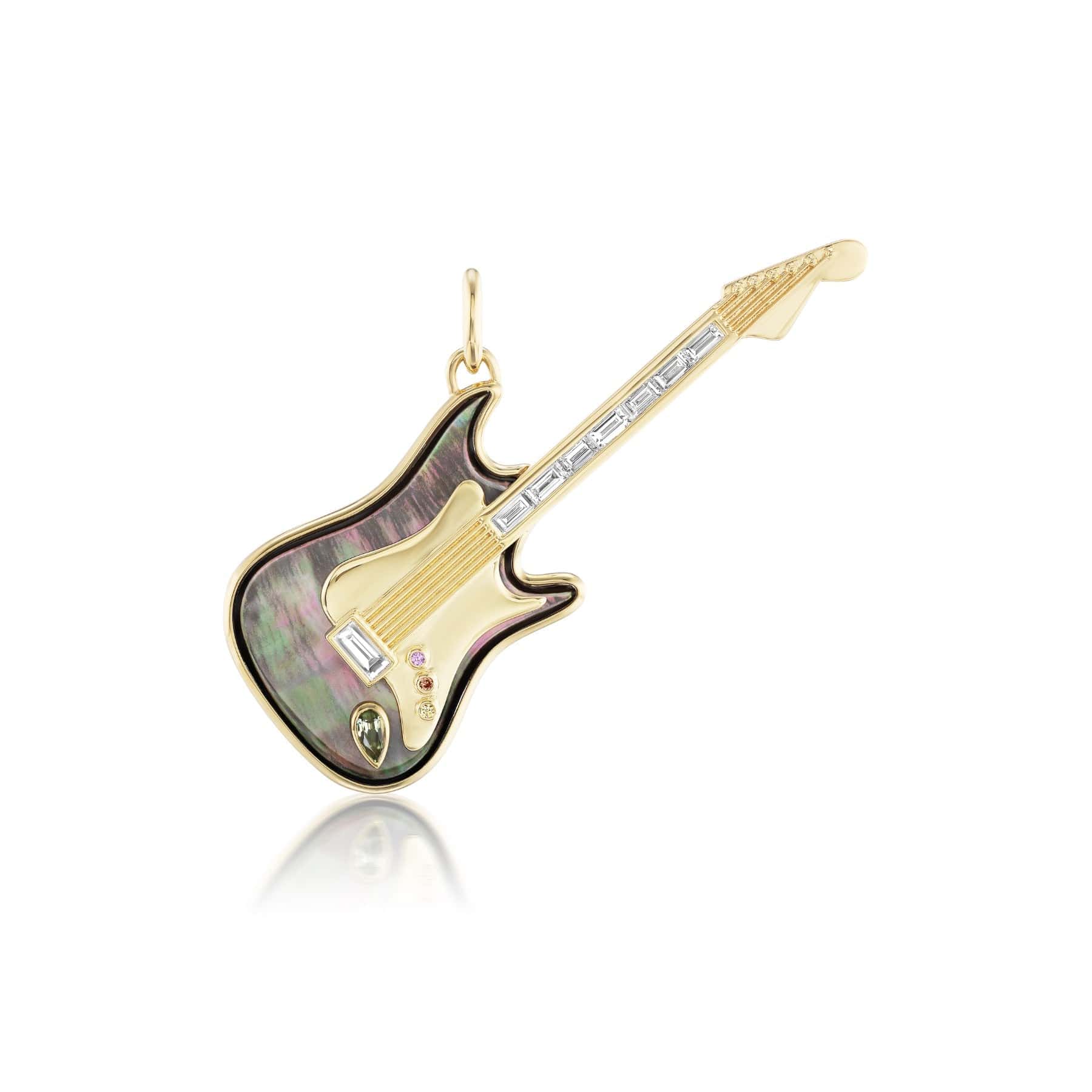 Sorellina 18K Yellow Gold Diamond and Black Mother of Pearl Guitar Pendant