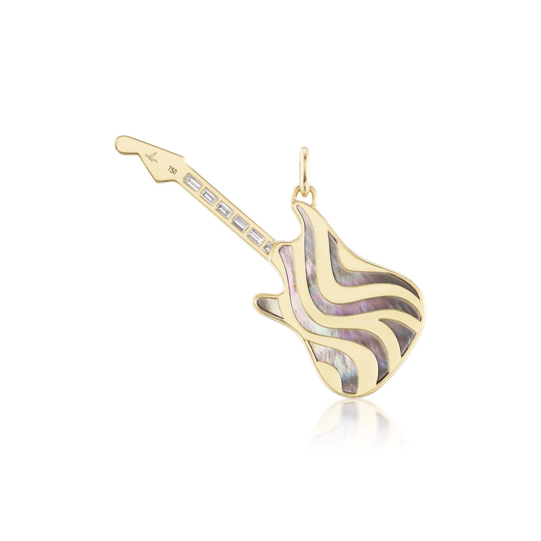 Sorellina 18K Yellow Gold Diamond and Black Mother of Pearl Guitar Pendant - Image 2