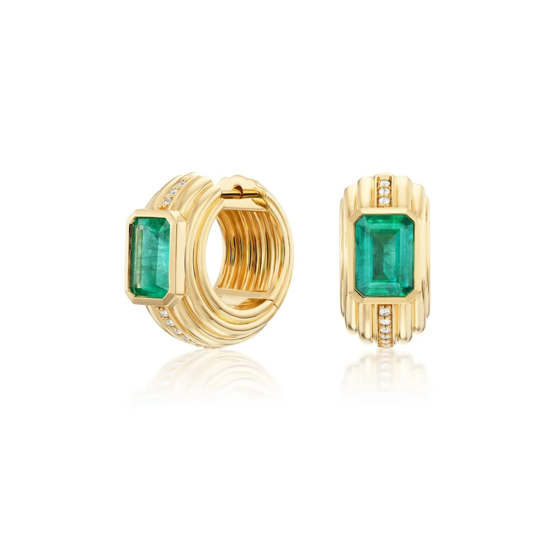 Sorellina 18K Yellow Gold One Of A Kind Emerald and Diamond Huggie Earrings