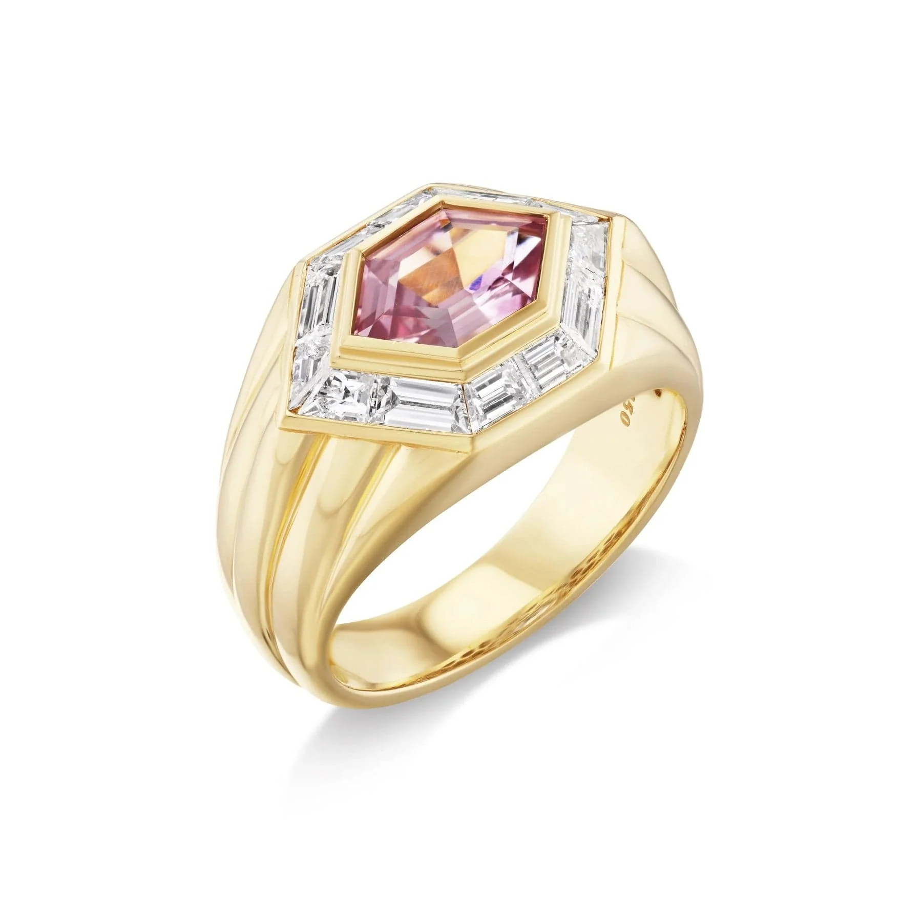 Sorellina 18K Yellow Gold One Of A Kind Hexagonal Cut Malaya Garnet and Diamond Ring - Image 2