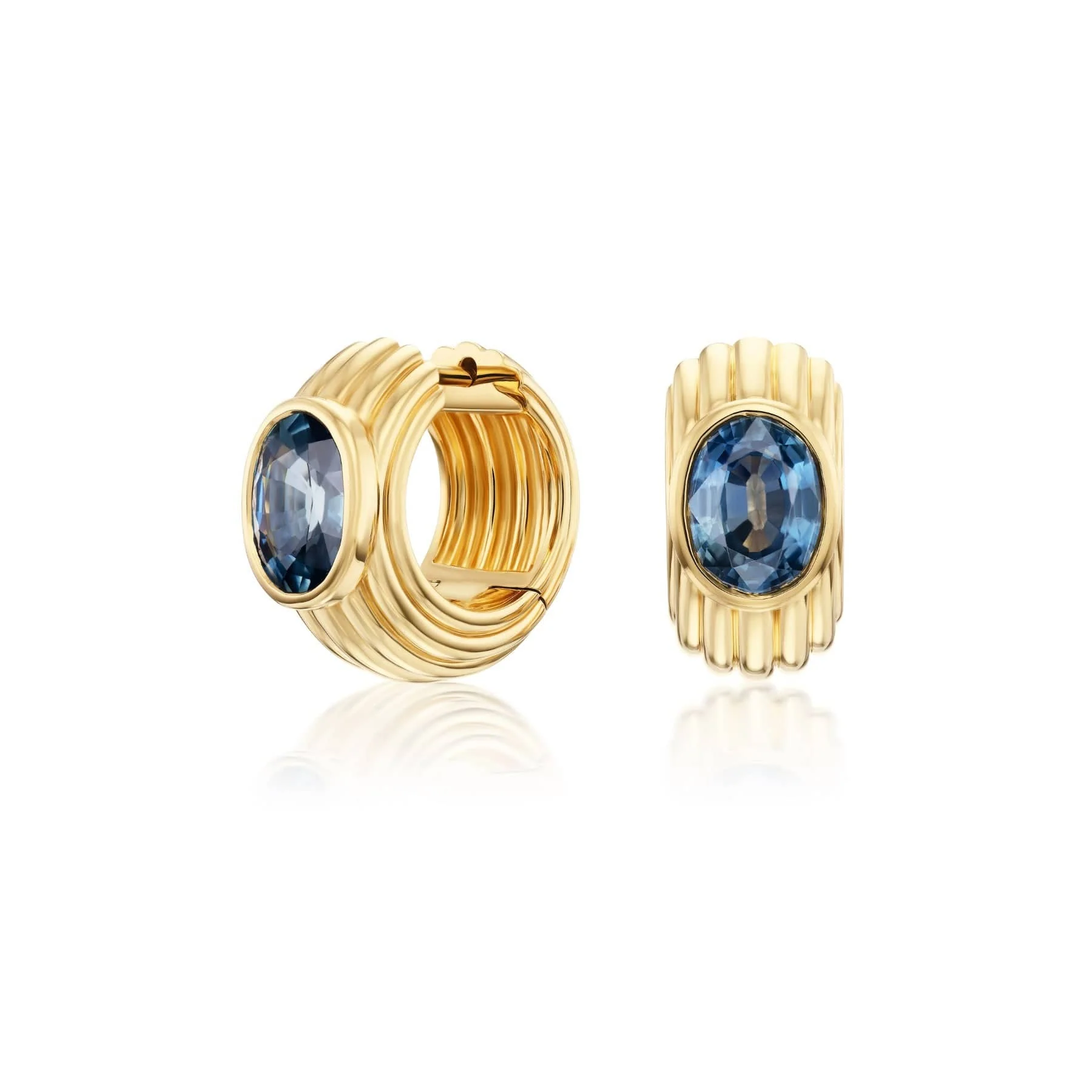 Sorellina 18K Yellow Gold One Of A Kind Oval Blue Sapphire Huggie Earrings