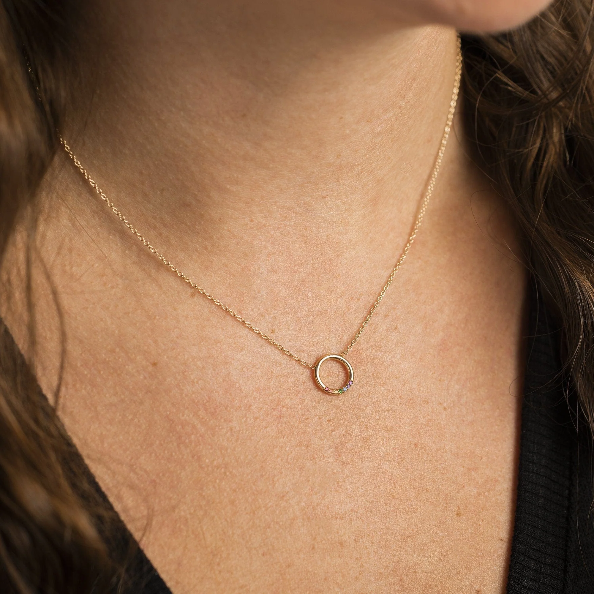 14K Yellow Gold Rainbow Sapphire Circle Necklace - Image 2