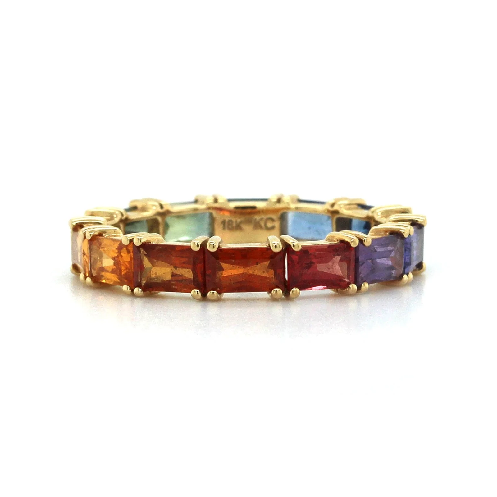 18K Yellow Gold Rainbow Baguette Cut Sapphire Ring