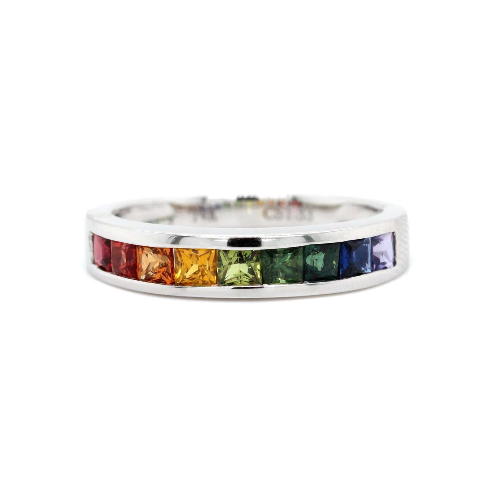 14K White Gold Channel Set Rainbow Sapphire Band