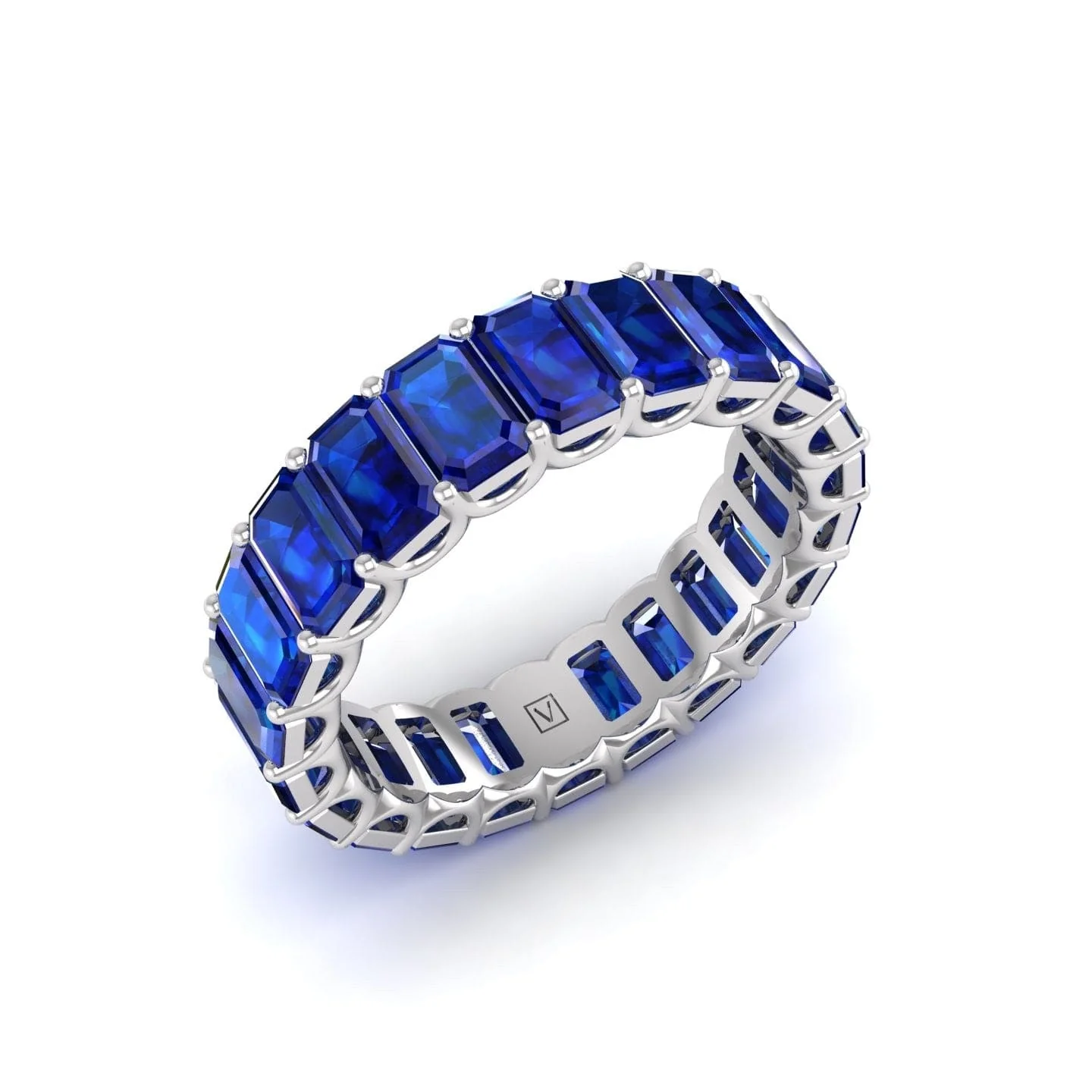 18K White Gold Emerald Cut Blue Sapphire Eternity Band - Image 4