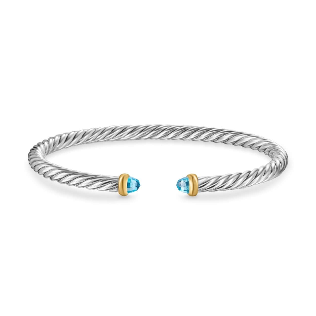 Cable Flex Bracelet in Sterling Silver with 14K Yellow Gold and Blue Topaz, 4mm