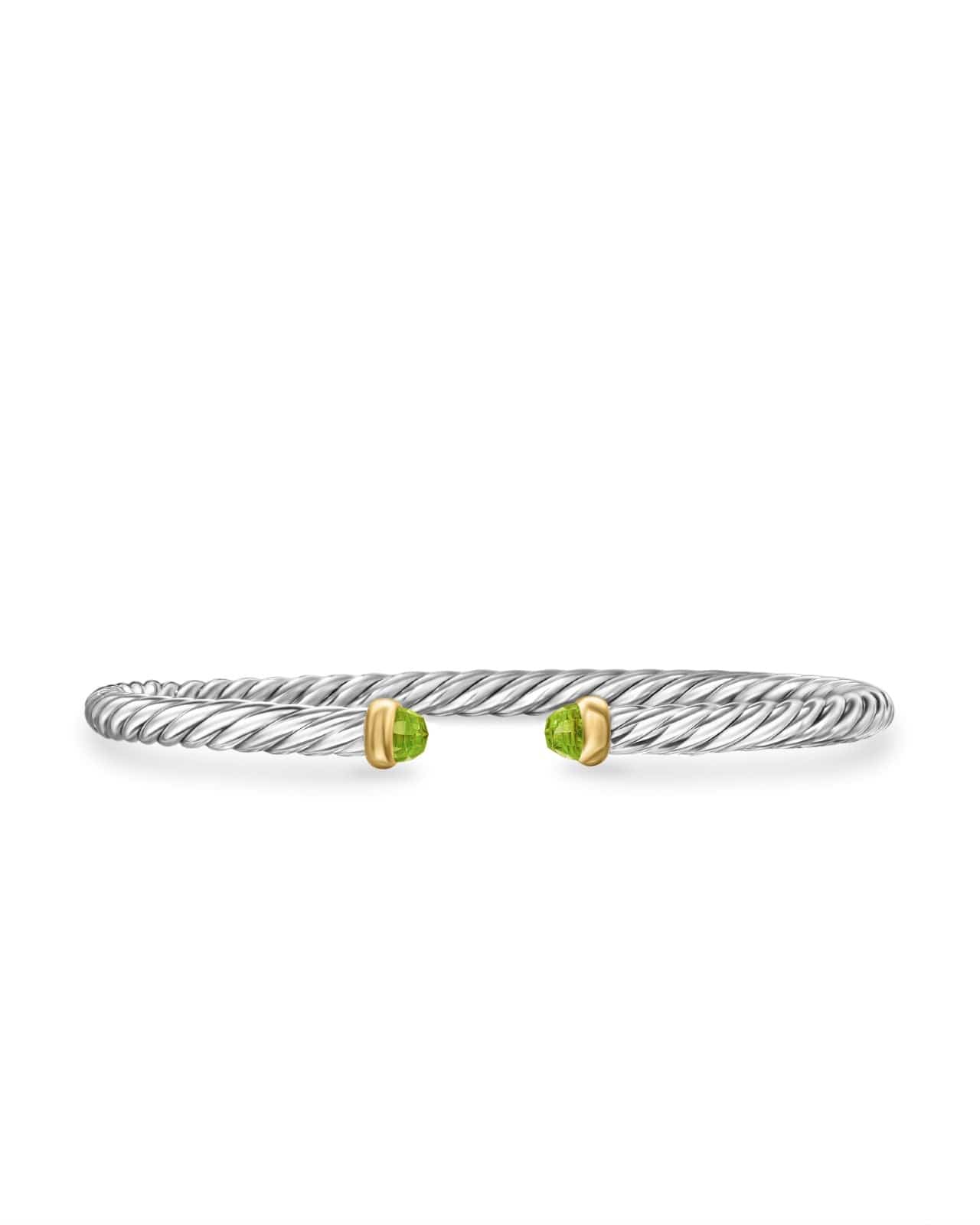 Cable Flex Bracelet in Sterling Silver with 14K Yellow Gold and Peridot, 4mm - Image 2