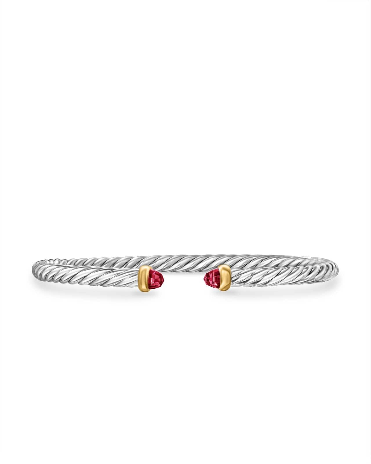 Cable Flex Bracelet in Sterling Silver with 14K Yellow Gold and Rhodolite Garnet, 4mm - Image 2