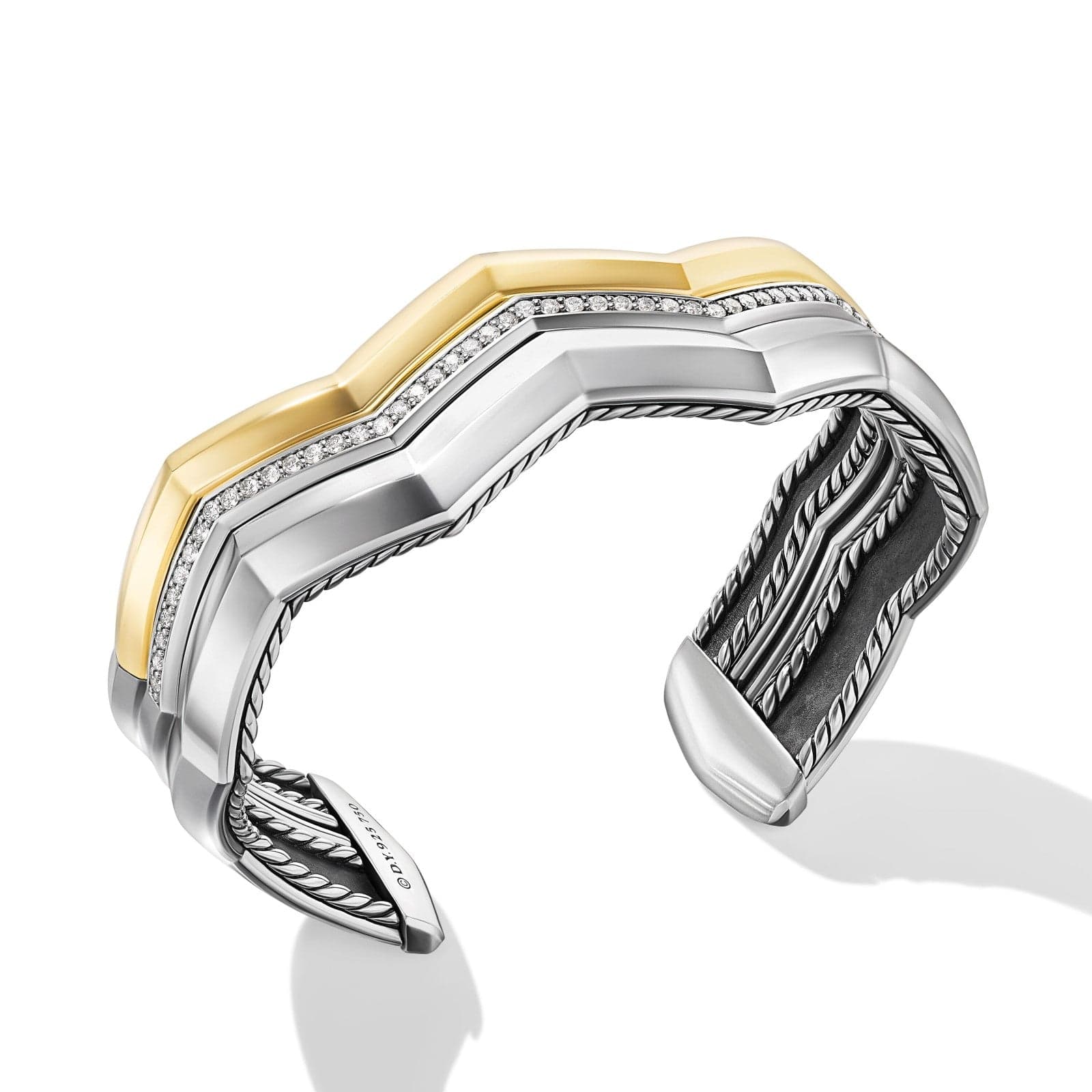 Zig Zag Stax™ Three Row Cuff Bracelet in Sterling Silver with 18K Yellow Gold and Diamonds, 17.4mm - Image 2