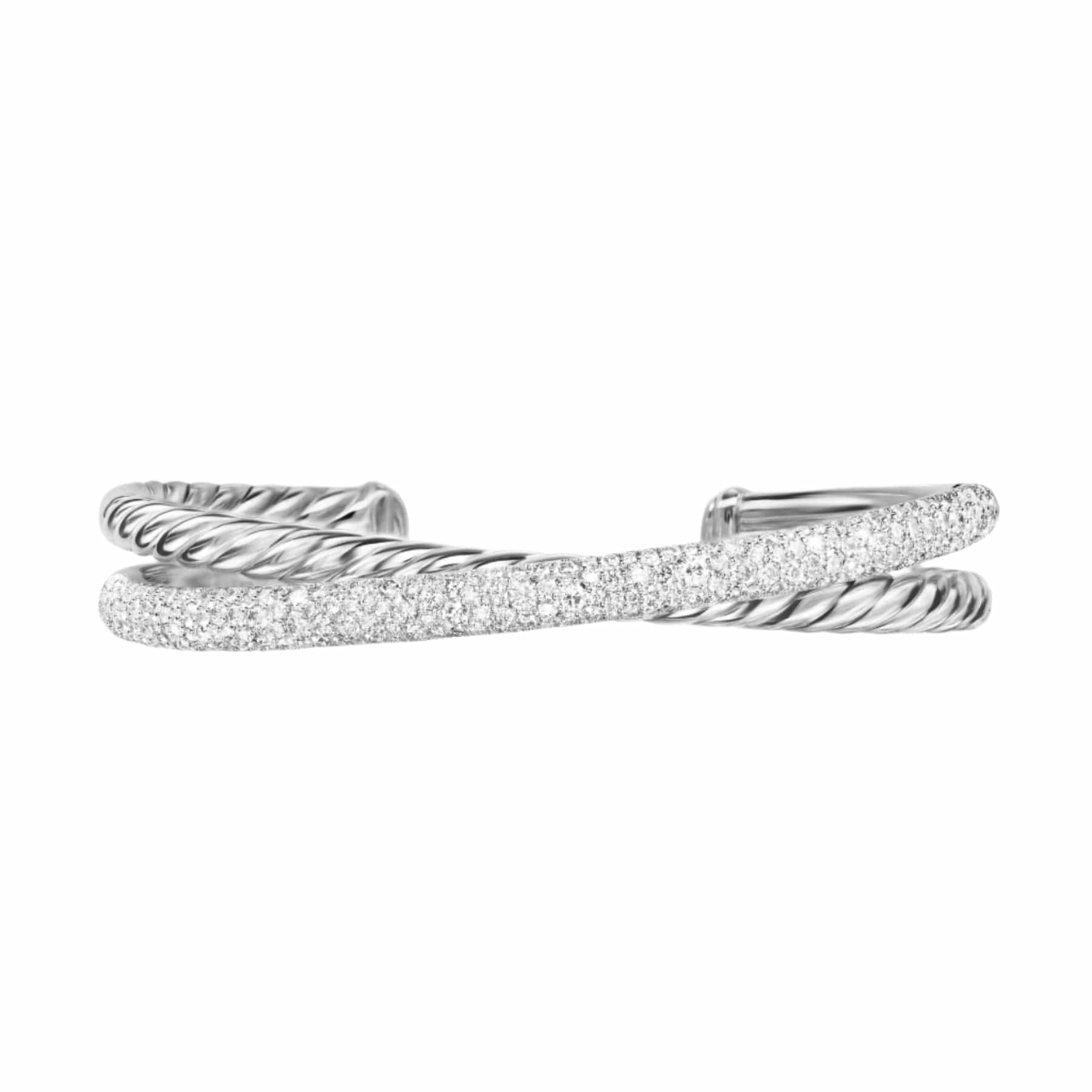 Pavé Crossover Two Row Cuff Bracelet Sterling Silver with Diamonds, 11mm - Image 2