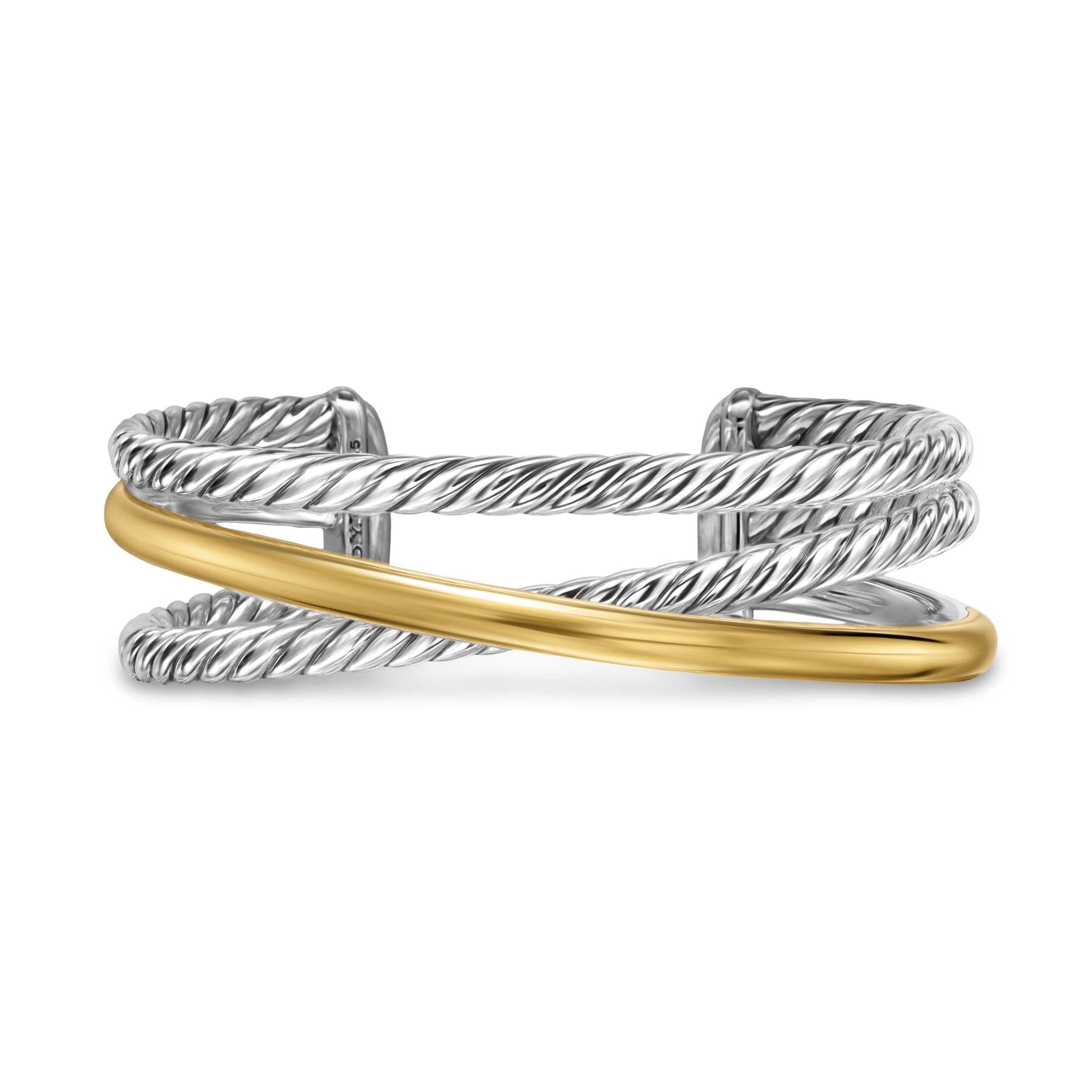 Crossover Three Row Cuff Bracelet Sterling Silver with 14K Yellow Gold, 20mm