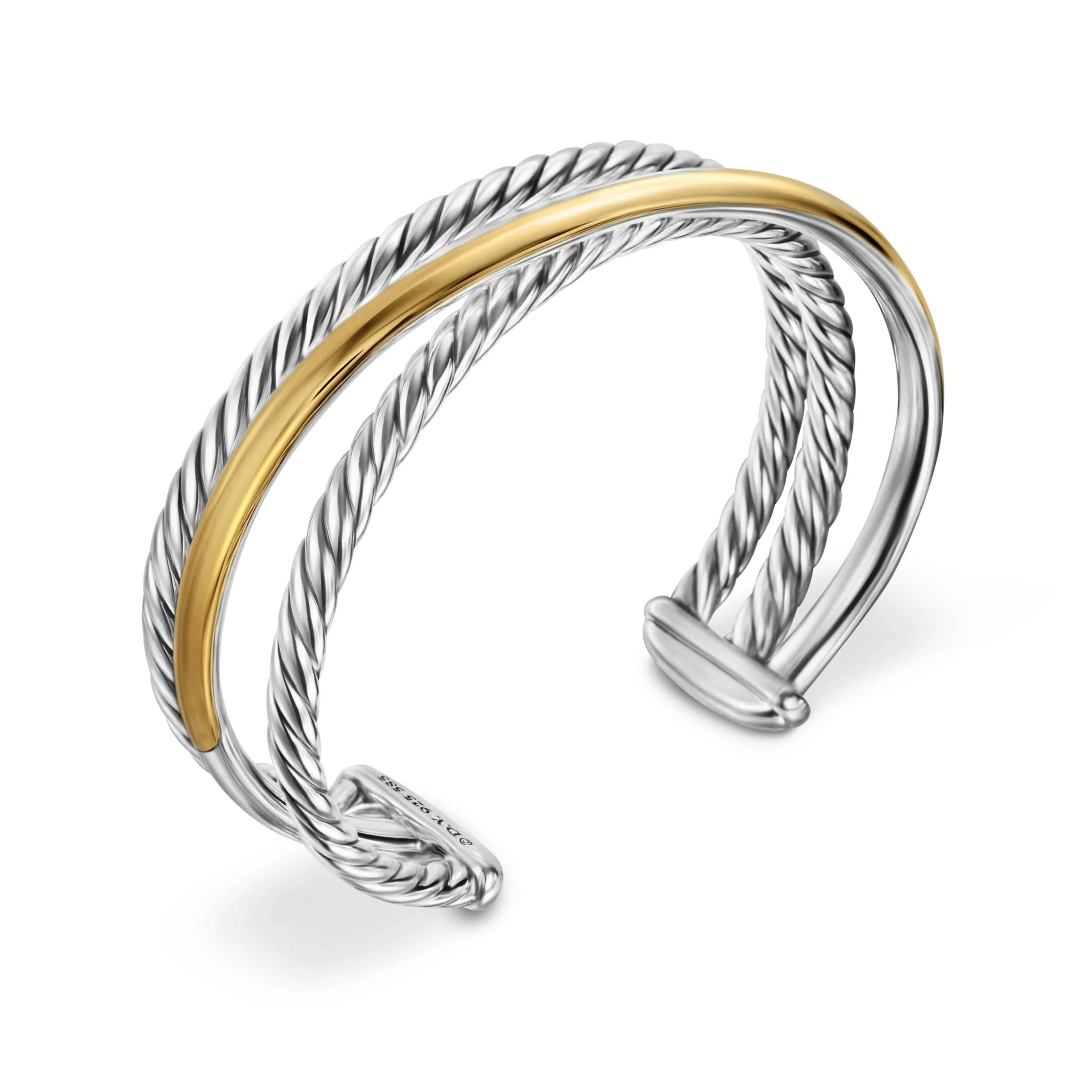 Crossover Three Row Cuff Bracelet Sterling Silver with 14K Yellow Gold, 20mm - Image 2