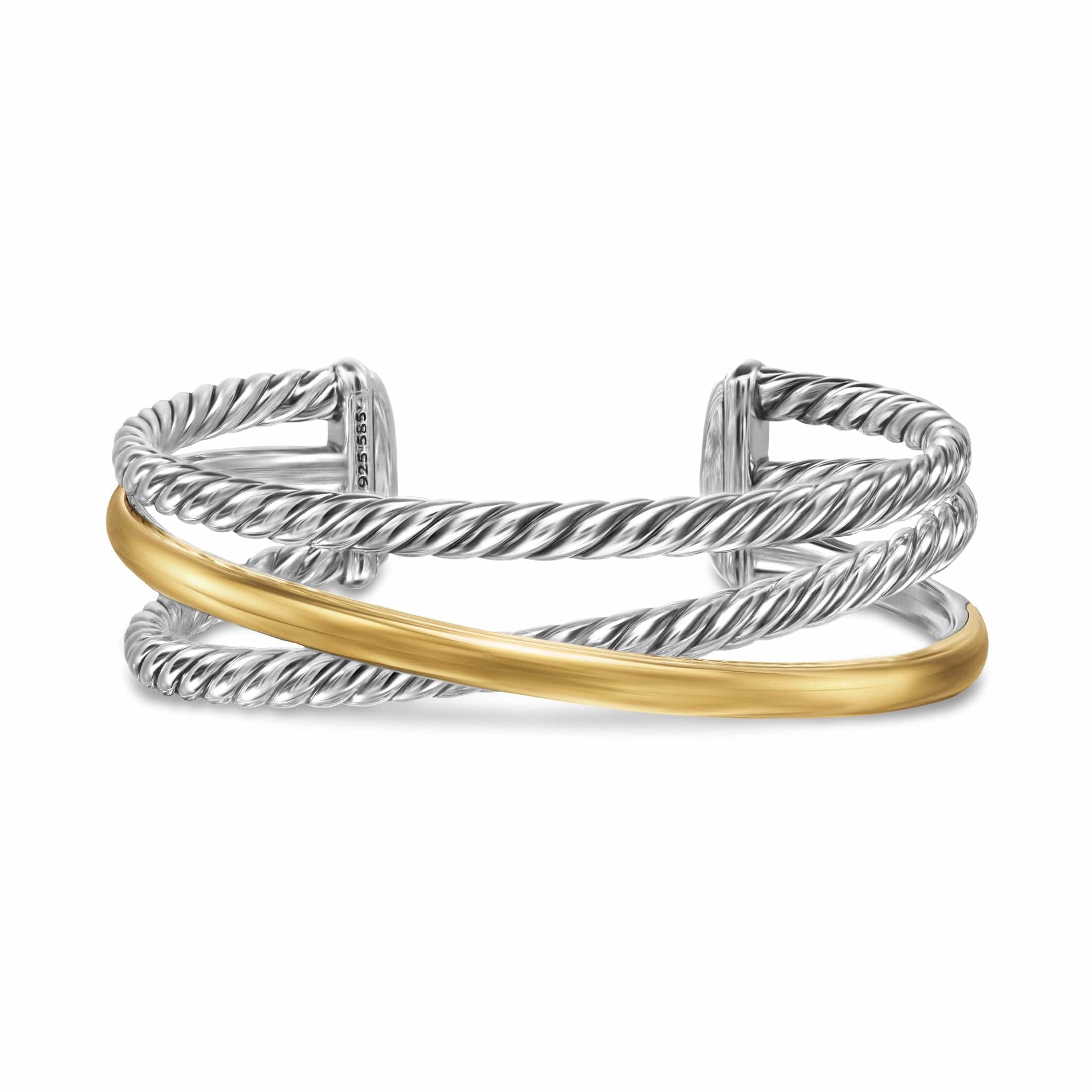 Crossover Three Row Cuff Bracelet Sterling Silver with 14K Yellow Gold, 20mm - Image 3
