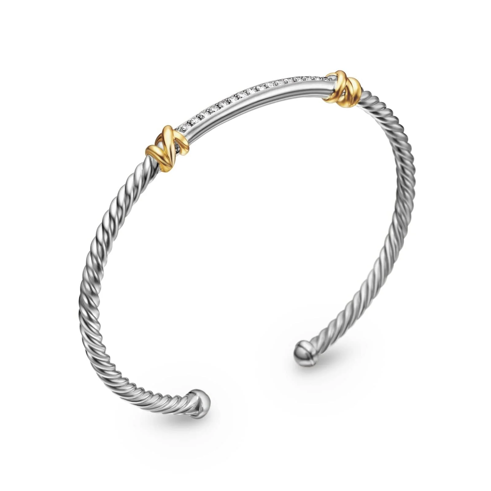 Petite Helena Classic Cable Station Bracelet in Sterling Silver with 18K Yellow Gold with Diamonds, 3mm - Image 4