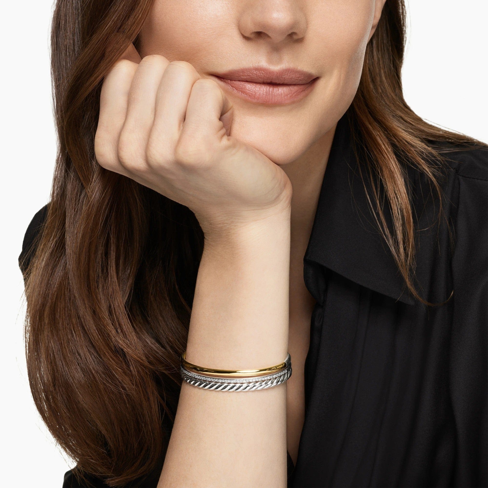 DY Mercer® Three Row Cuff Bracelet Sterling Silver with 18K Yellow Gold and Diamonds, 10.4mm - Image 3