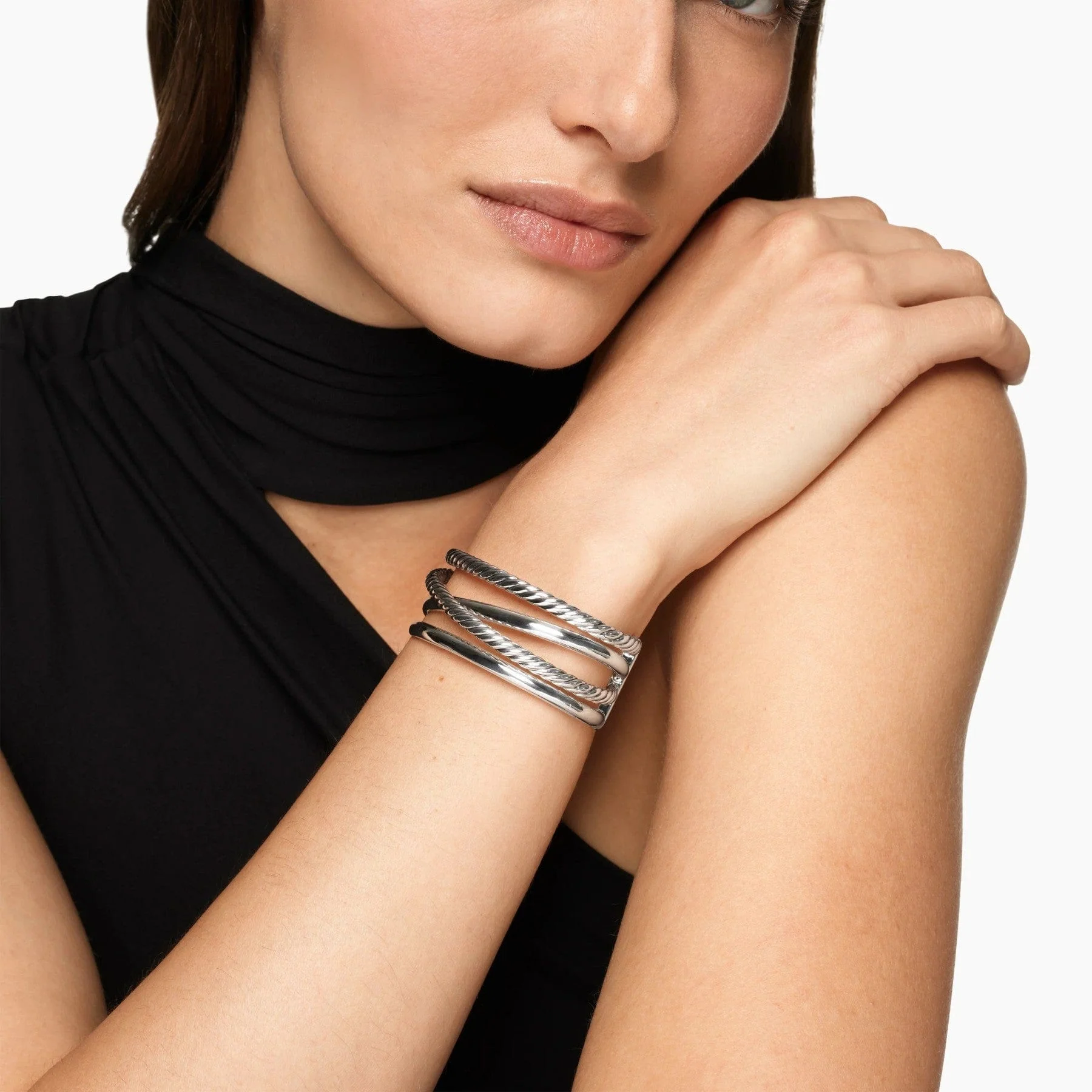 Bold Crossover Multi Row Cuff Bracelet Sterling Silver, 24.4mm - Image 3