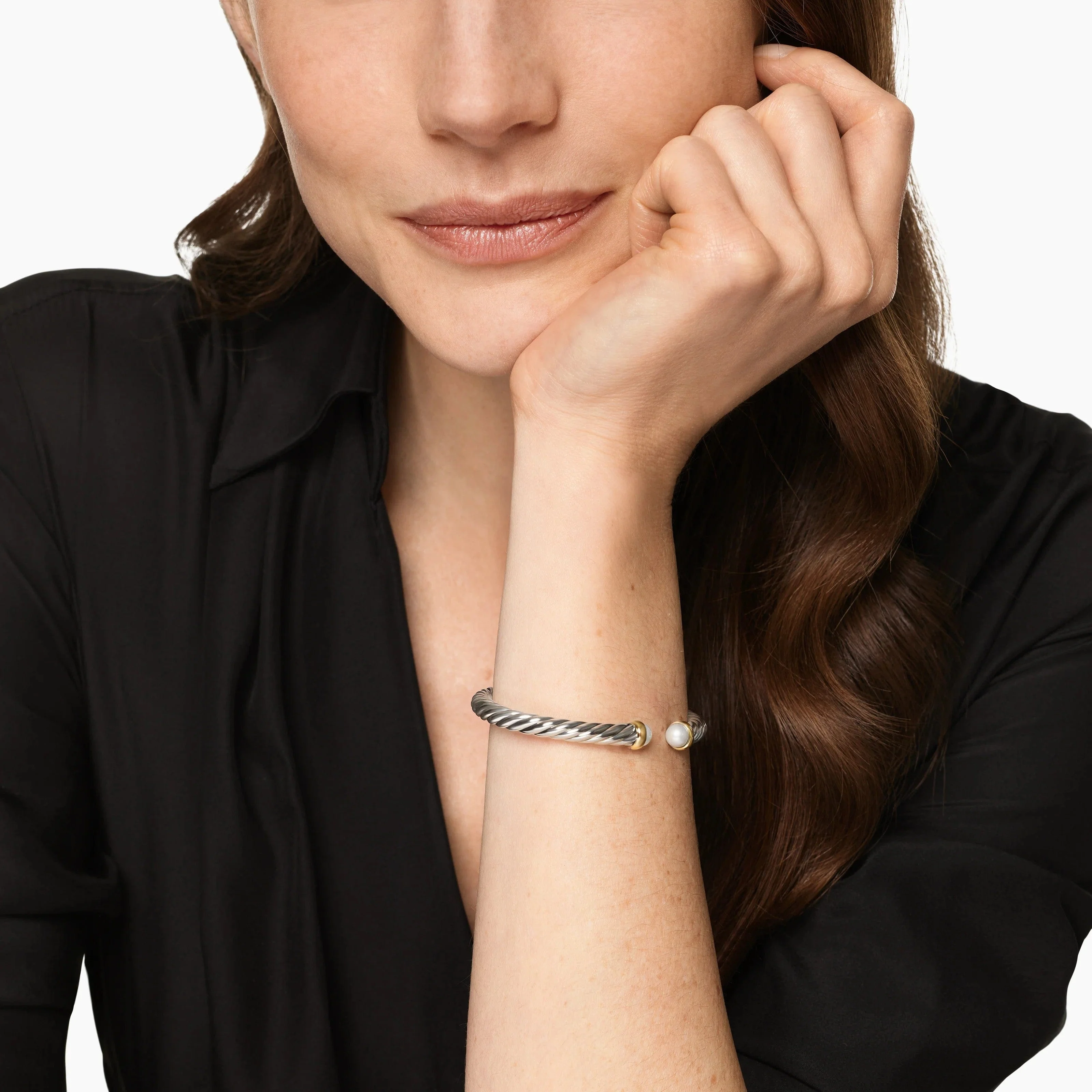 Cable Flex® Bracelet Sterling Silver with 14K Yellow Gold and Pearls, 6mm - Image 3
