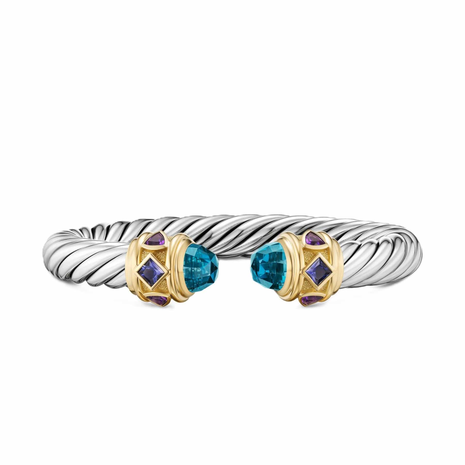 Renaissance® Cable Flex® Bracelet Sterling Silver with 14K Yellow Gold, Hampton Blue Topaz, Iolite and Amethyst, 9mm