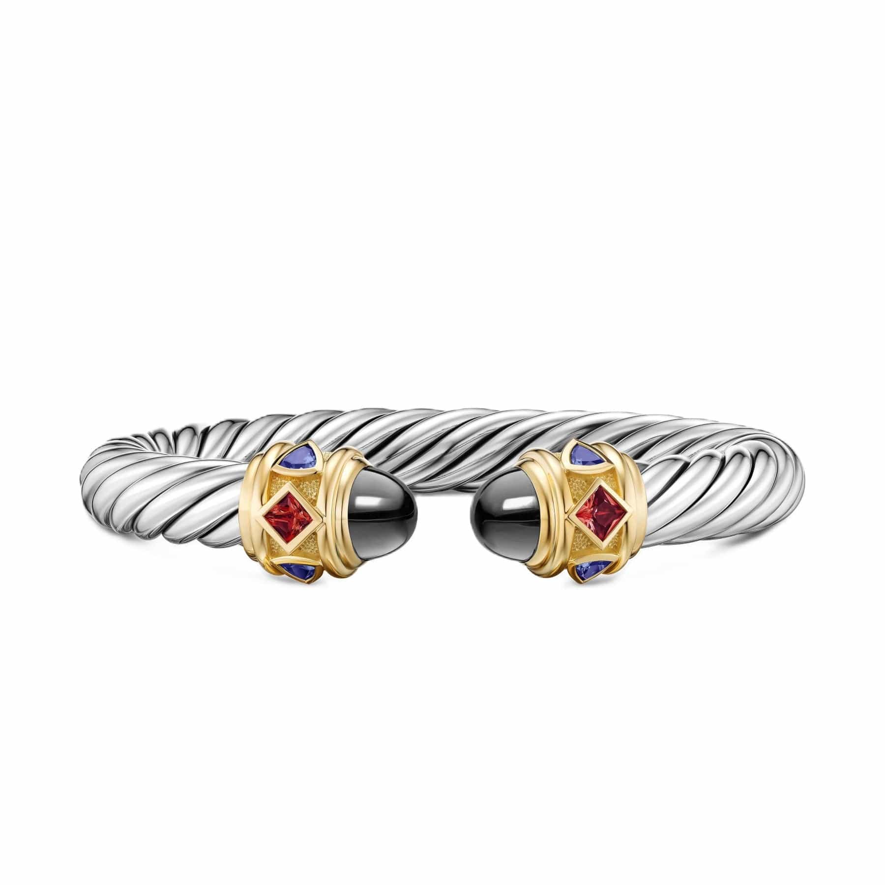 Renaissance® Cable Flex® Bracelet Sterling Silver with 14K Yellow Gold, Hematine, Rhodolite Garnet and Iolite, 9mm