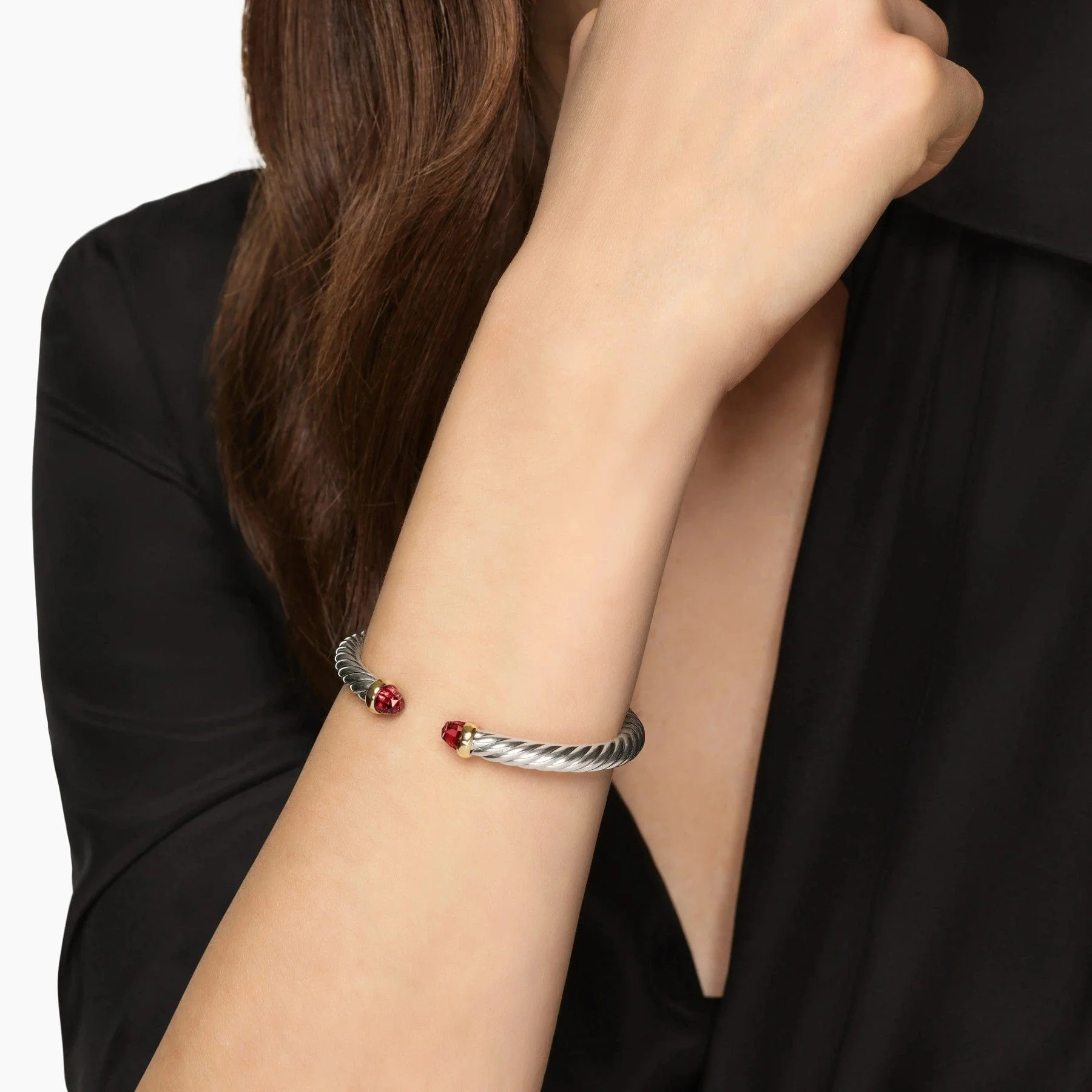 Cable Flex® Bracelet Sterling Silver with 14K Yellow Gold and Rhodolite Garnet, 6mm - Image 2