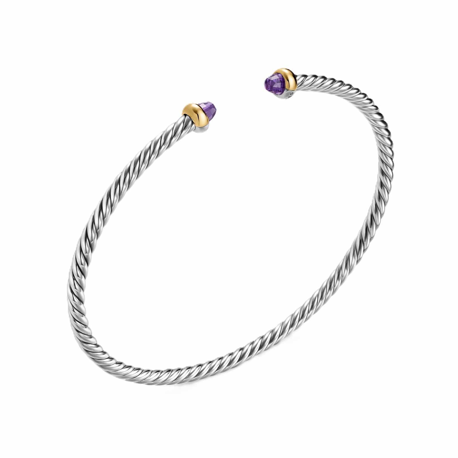 Micro Cable Flex® Bracelet Sterling Silver with 14K Yellow Gold and Amethyst, 2.6mm - Image 3