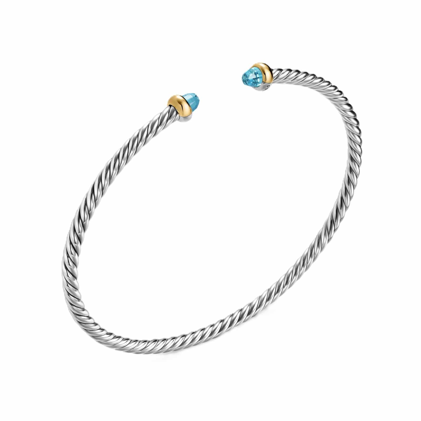 Micro Cable Flex® Bracelet Sterling Silver with 14K Yellow Gold and Blue Topaz, 2.6mm - Image 3