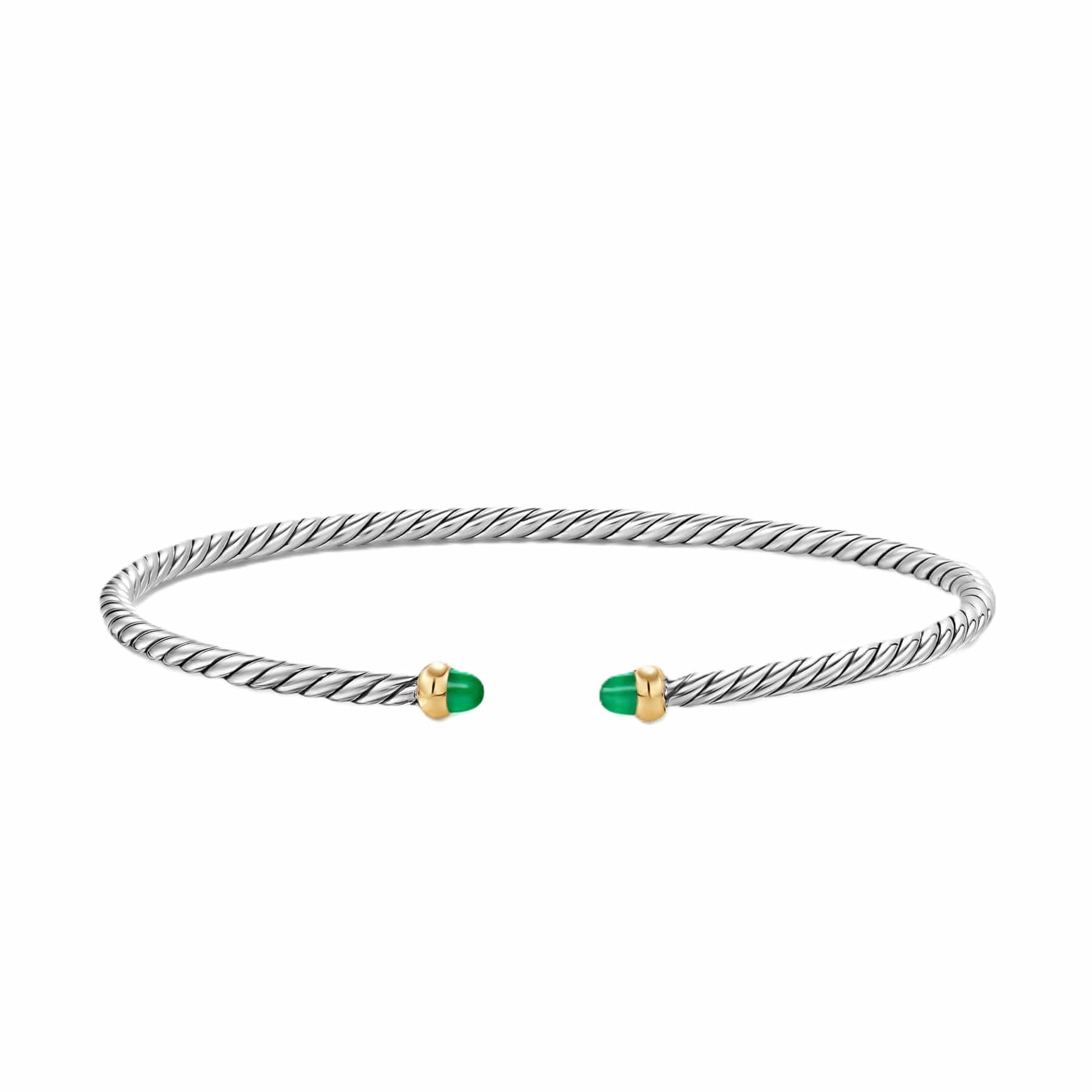 Micro Cable Flex® Bracelet Sterling Silver with 14K Yellow Gold and Emeralds, 2.6mm - Image 3