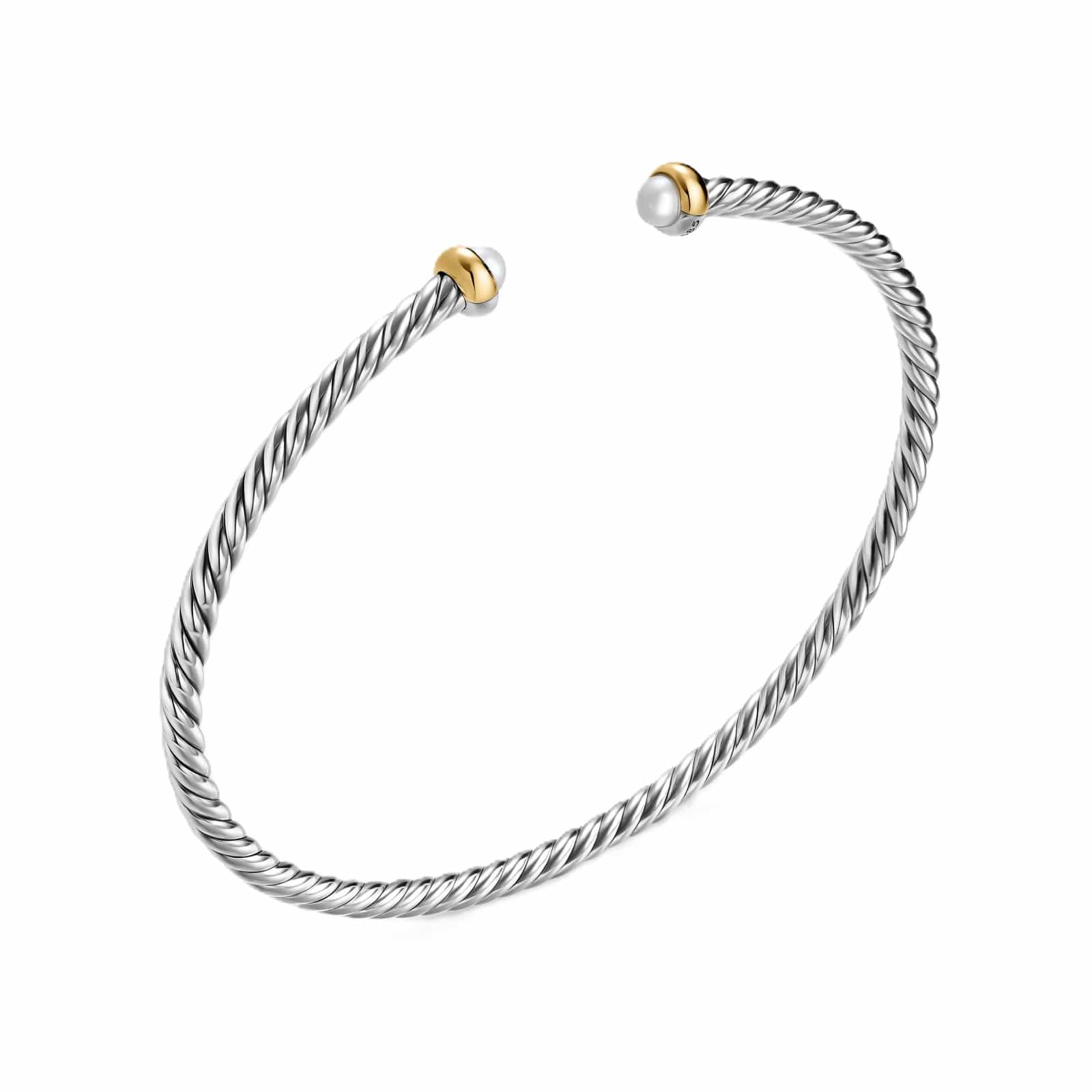 Micro Cable Flex® Bracelet Sterling Silver with 14K Yellow Gold and Pearls, 2.6mm - Image 3