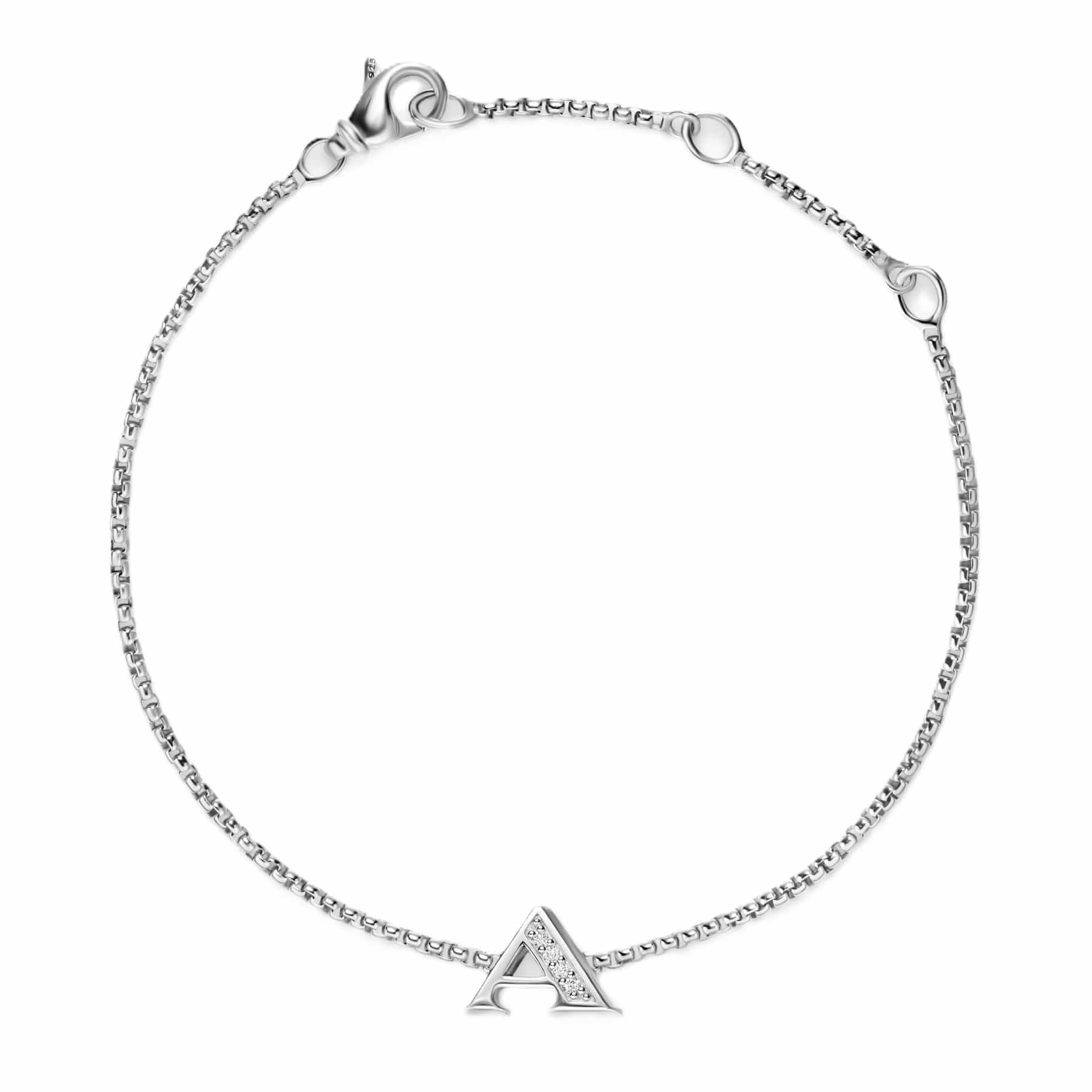 Petite Initial Chain Bracelet Sterling Silver with Diamond A - Image 2