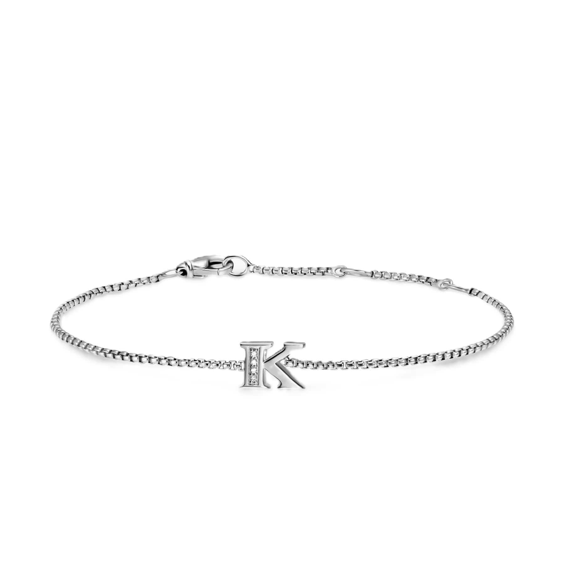 Petite Initial Chain Bracelet Sterling Silver with Diamond K