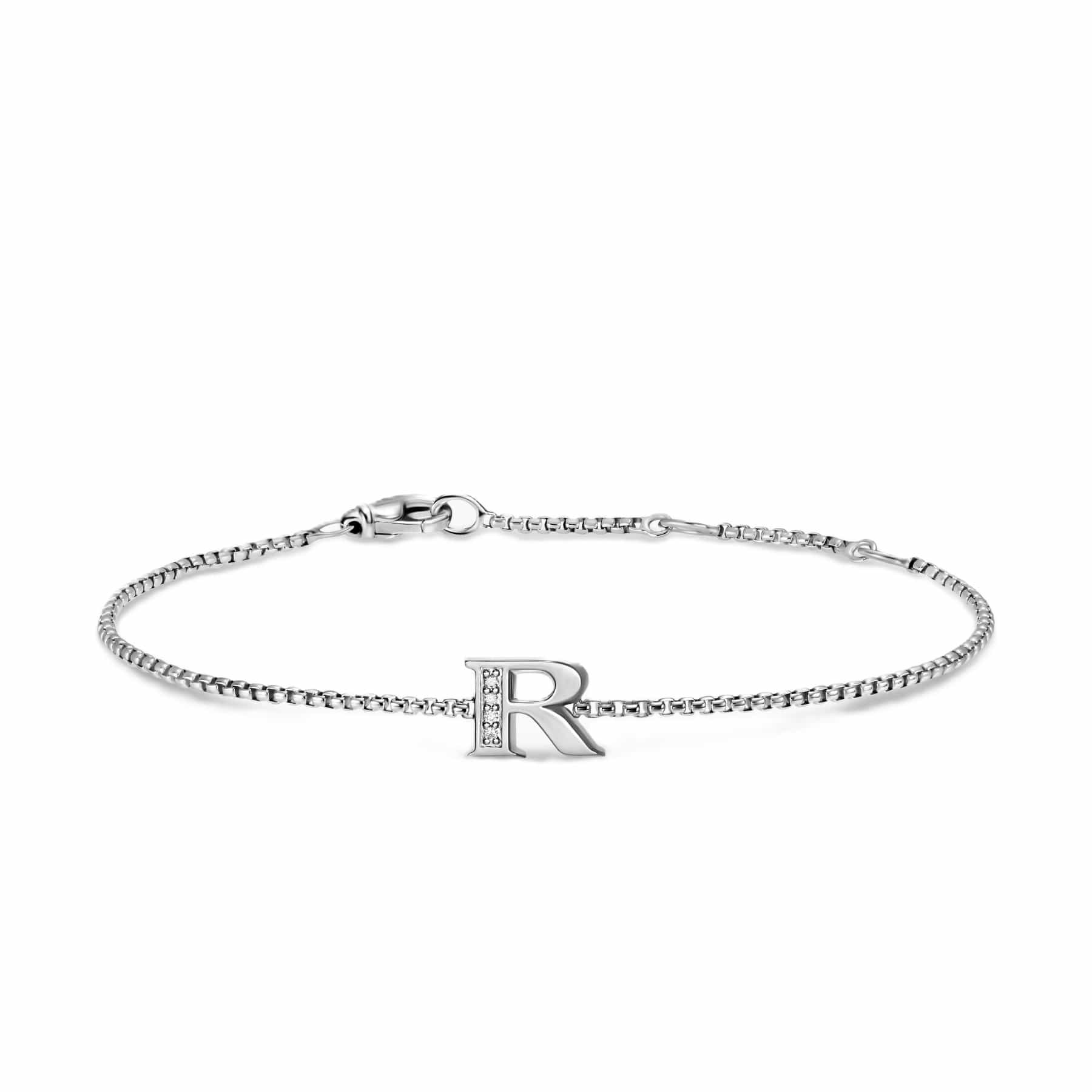 Petite Initial Chain Bracelet Sterling Silver with Diamond R