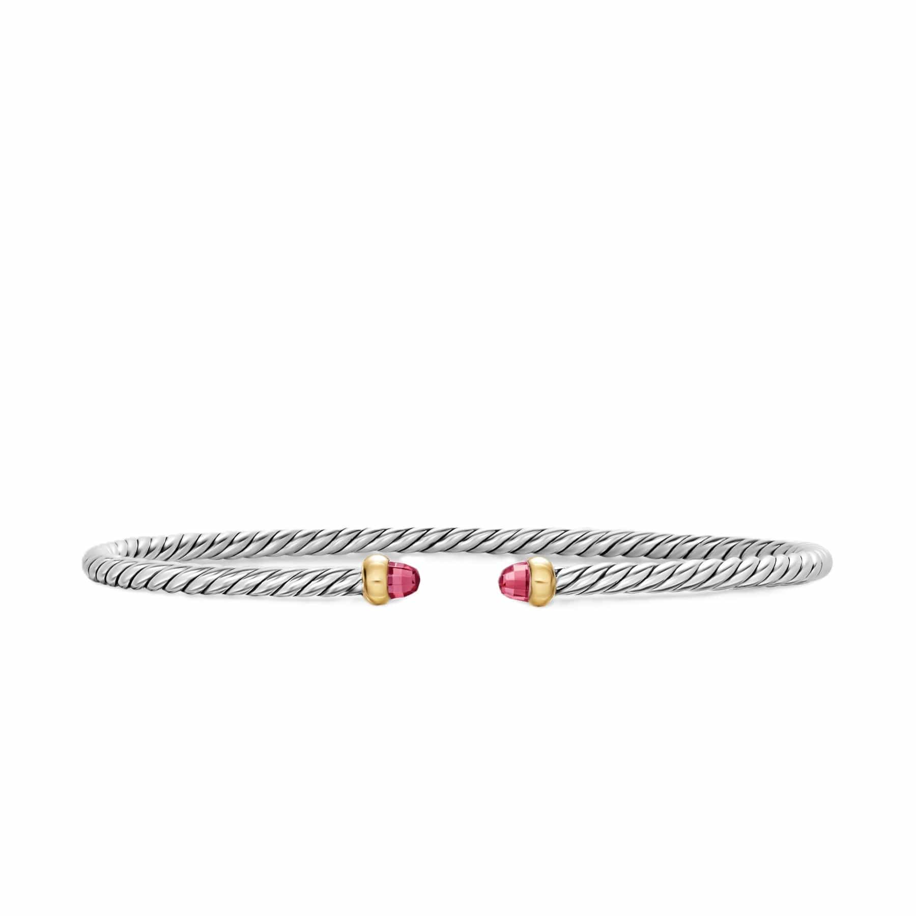 Micro Cable Flex® Bracelet Sterling Silver with 14K Yellow Gold and Pink Tourmalines, 2.6mm
