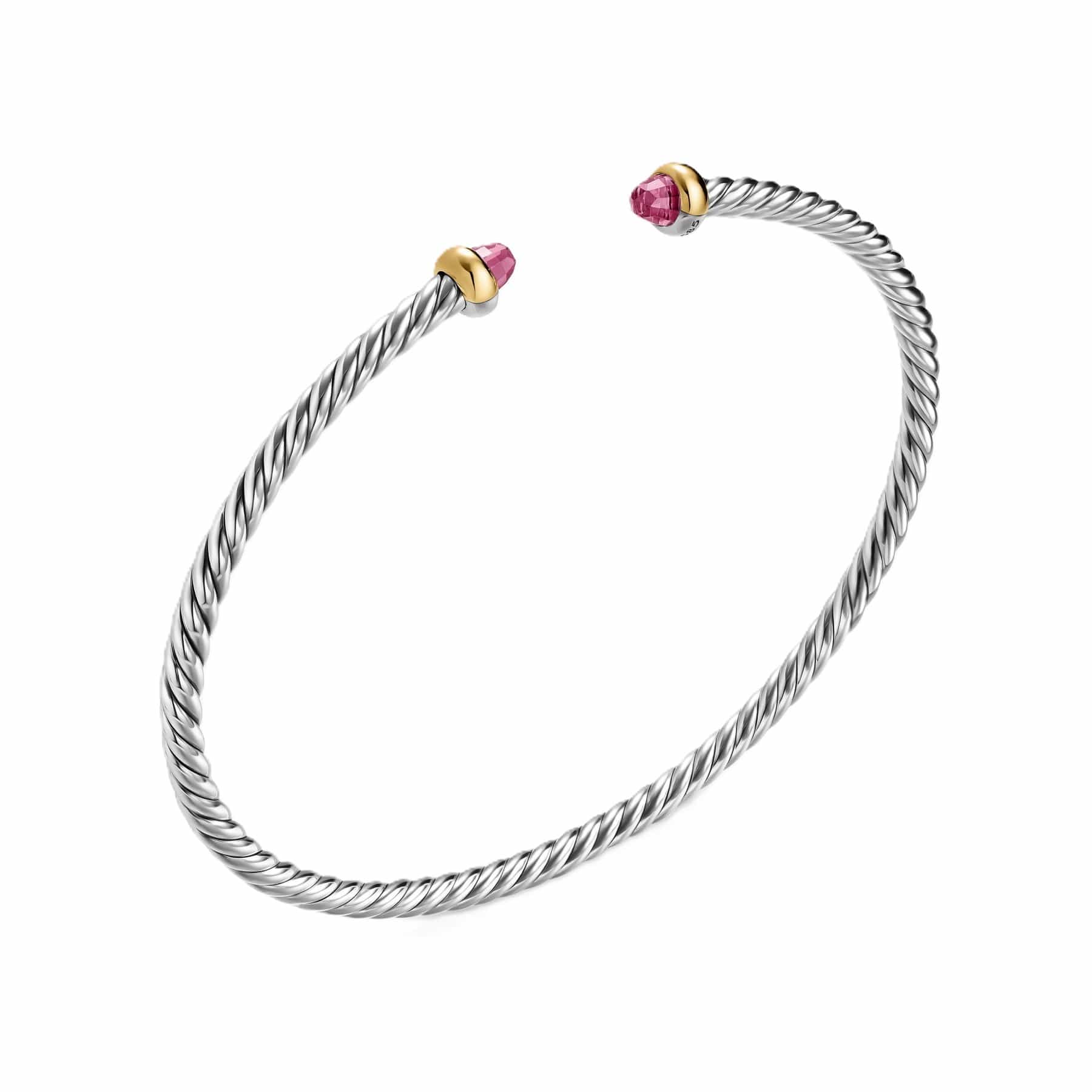 Micro Cable Flex® Bracelet Sterling Silver with 14K Yellow Gold and Pink Tourmalines, 2.6mm - Image 2