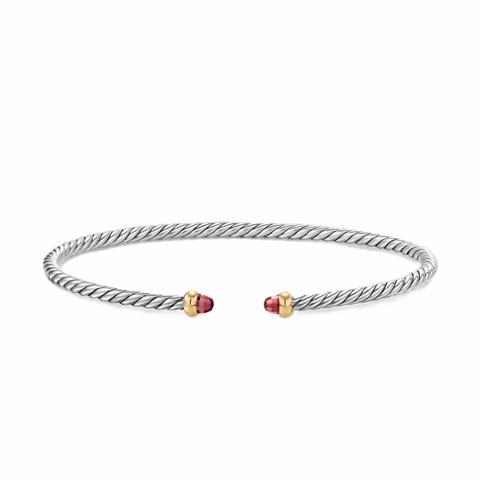Micro Cable Flex® Bracelet Sterling Silver with 14K Yellow Gold and Rhodolite Garnets, 2.6mm