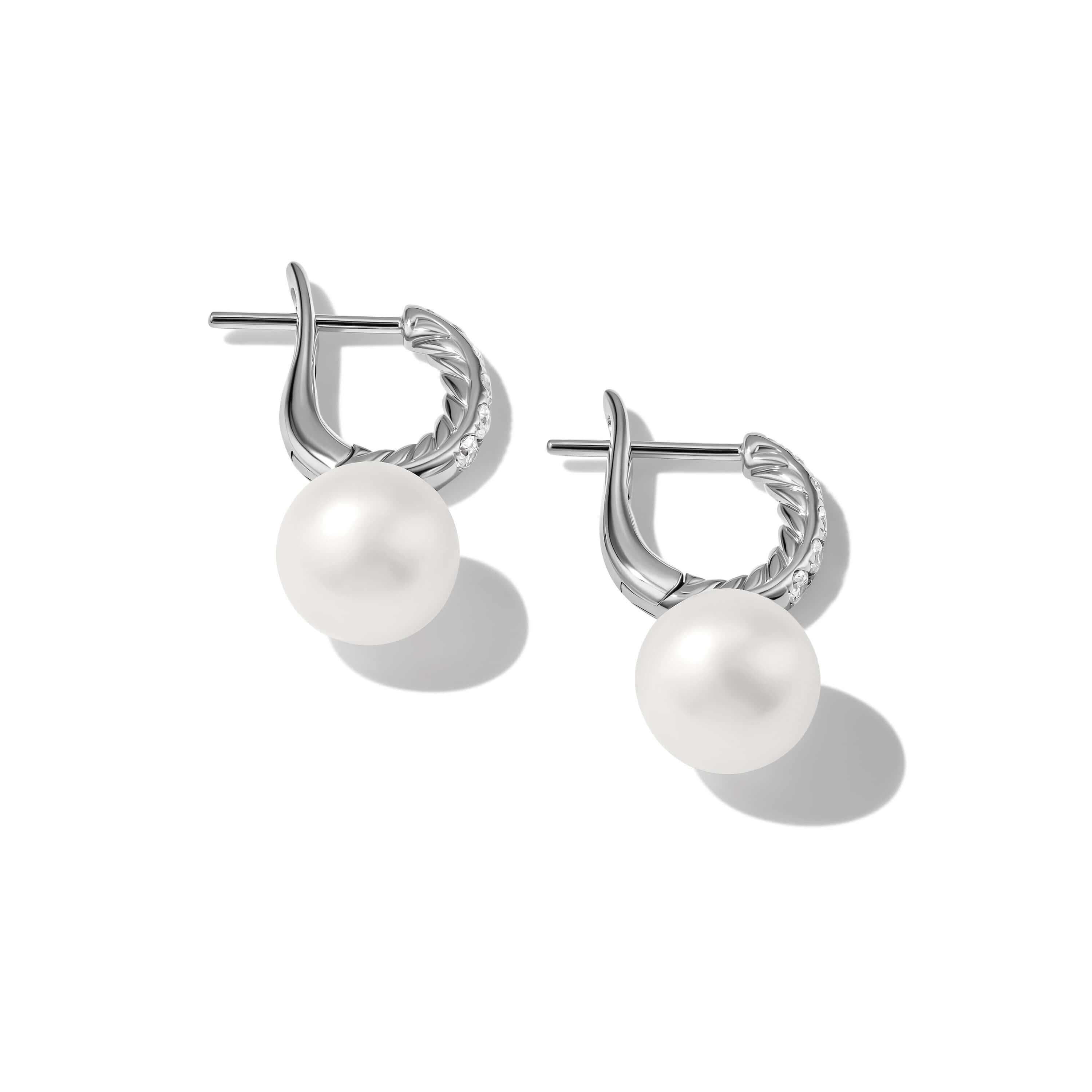 Pearl and Pavé Drop Earrings in Sterling Silver with Diamonds - Image 2
